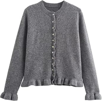 FindThy Womens Cropped Cardigan Sweater Trendy Crewneck Ruffle Long Sleeve Button Down Knitwear Tops