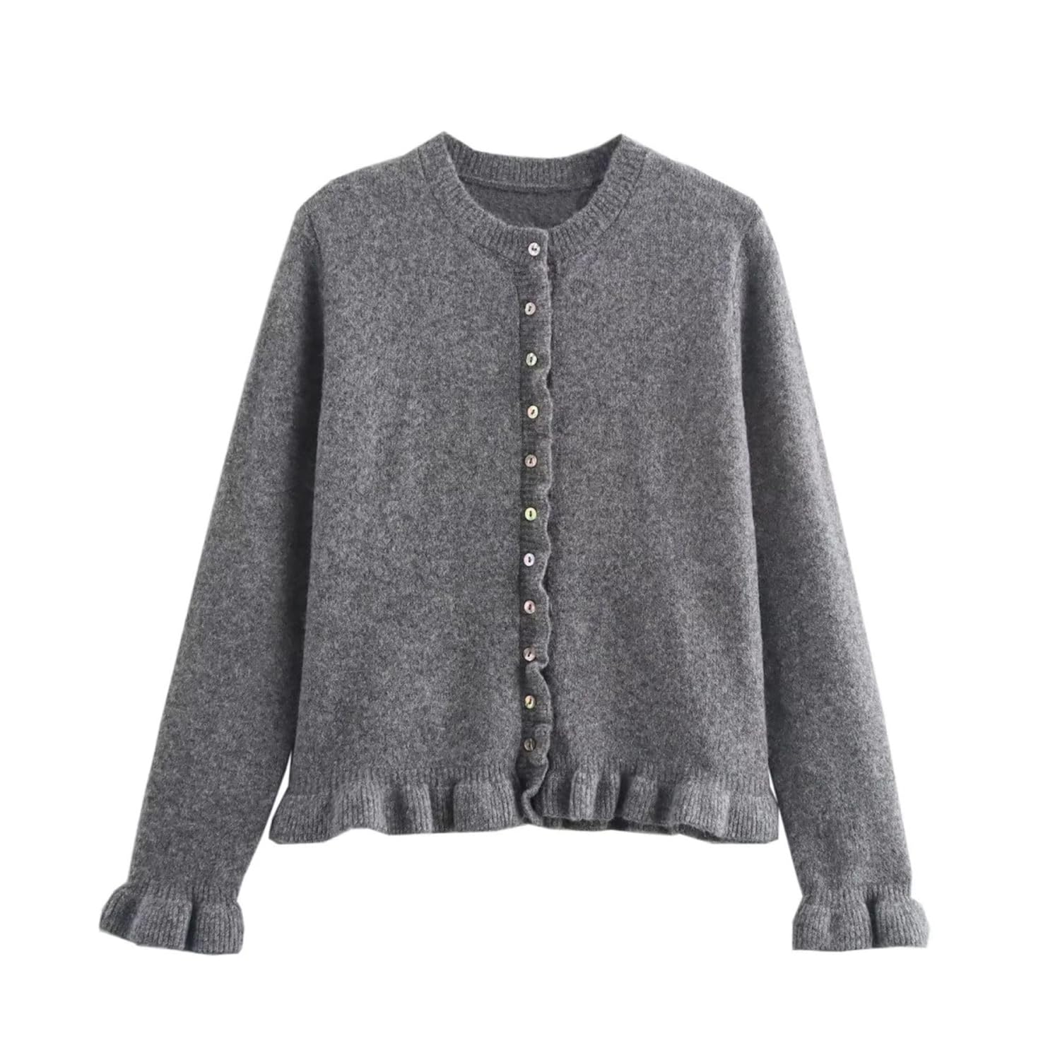 FindThy Womens Cropped Cardigan Sweater Trendy Crewneck Ruffle Long Sleeve Button Down Knitwear Tops