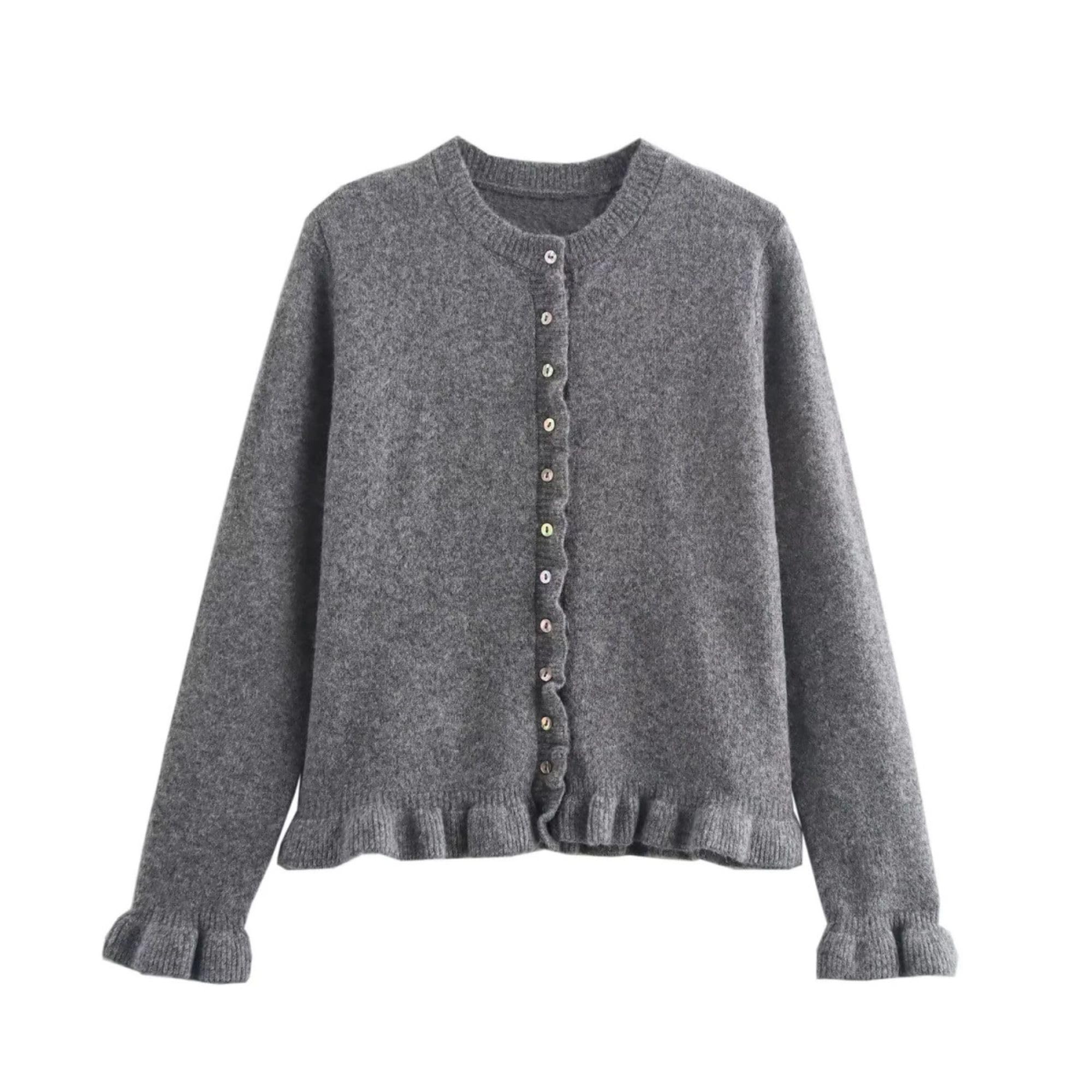 FindThy Womens Cropped Cardigan Sweater Trendy Crewneck Ruffle Long Sleeve Button Down Knitwear Tops