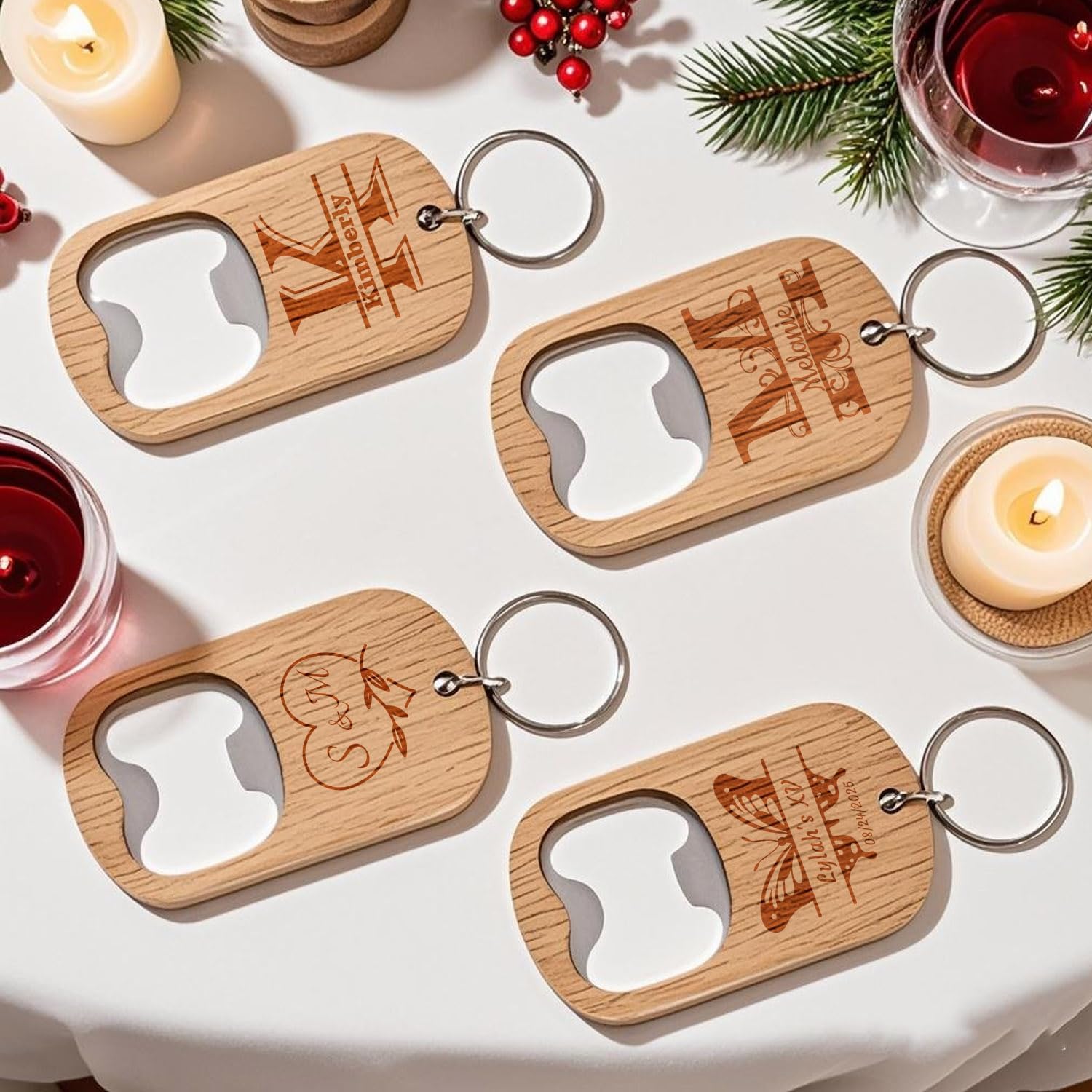 Personalized Wooden Engravable Beer Bottle Opener Keychain Birthday Gift for Wedding Party Favors Restaurant Guests Bulk Custom Groomsmen Wine Tool Graduation Christmas Gifts 2025 Prom （A 350PC)