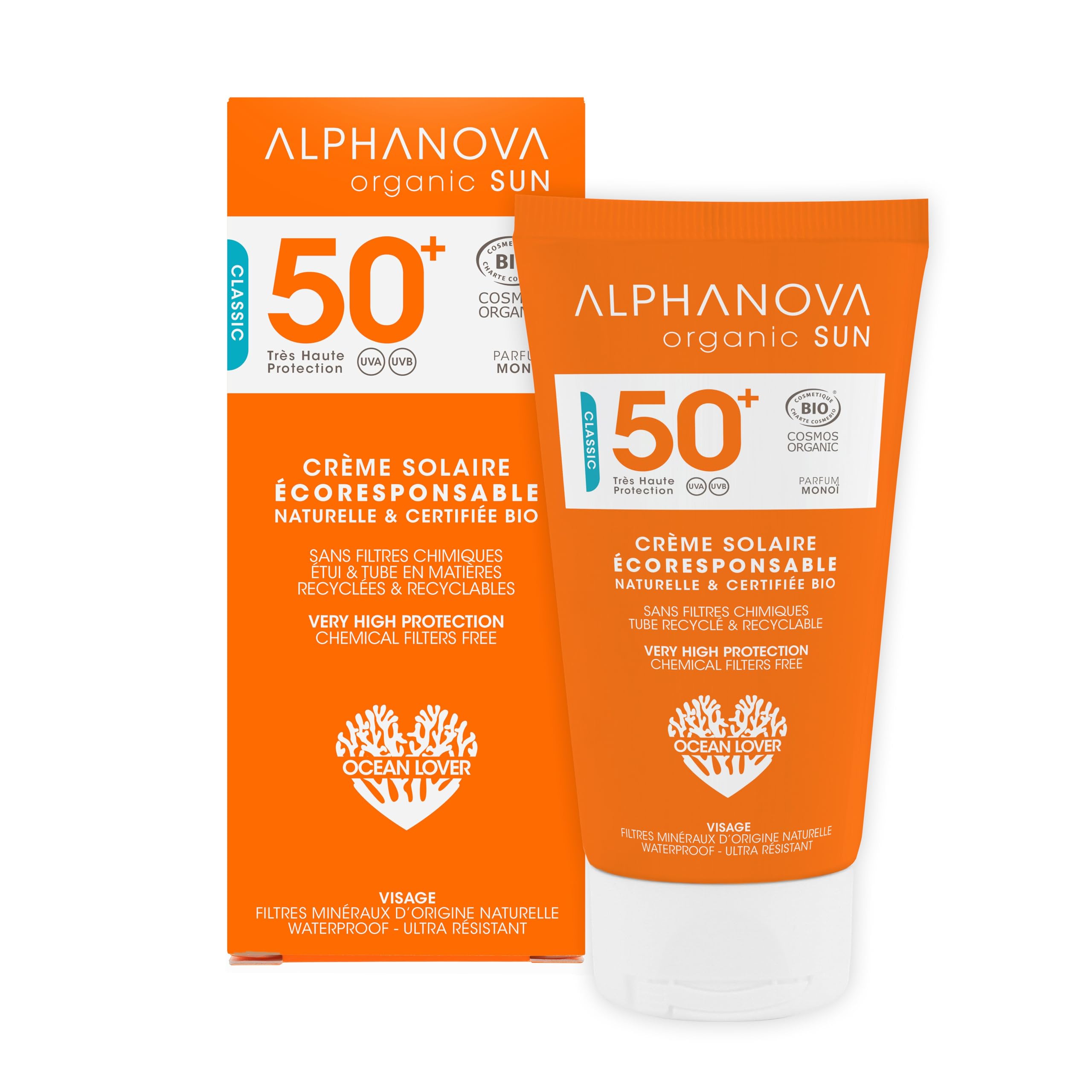 ALPHANOVA SANTE Crème Solaire Visage Naturelle transparente SPF50+ Filtres minéraux waterproof - Naturelle et Certifiée Bio - 50g