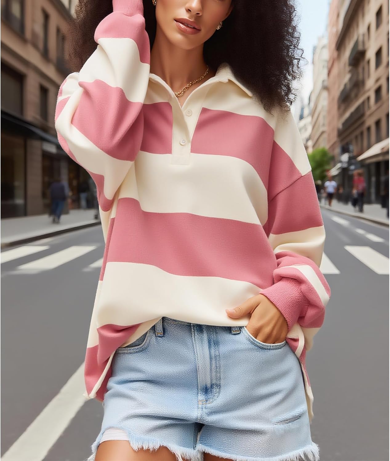 Amiblvowa Rugby Shirt Women Striped Collared Long Sleeve Polo Shirts Oversized Color Block Sweatshirt Vintage Pullover Top