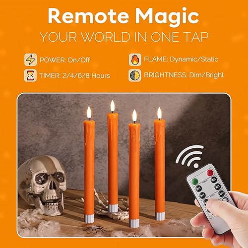 Miniatura 4 de Eywamage Velas cónicas sin llama de cera naranja con control remoto, candelabros de cera LED parpadeantes, decoración de otoño de Halloween, juego