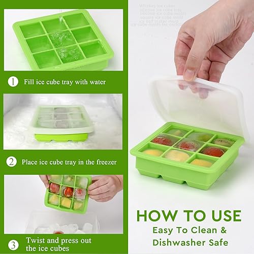 Miniatura 7 de Bandeja para cubitos de hielo con tapa (9 x 2 unidades), bandejas pequeñas para cubitos de hielo, bandejas de silicona para congelador, molde para