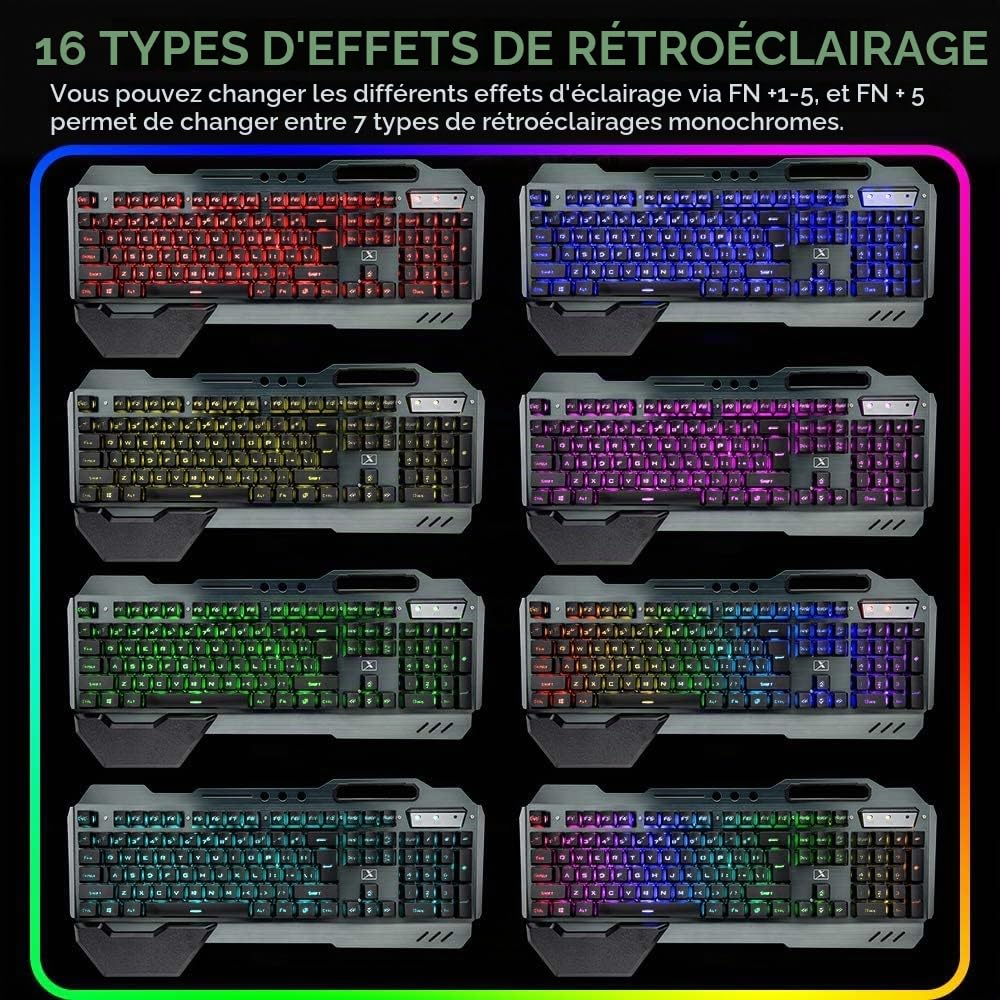 Ensemble clavier de jeu sans fil, souris clavier rétroéclairé RVB rechargeable avec batterie de 5000 mAh, panneau en métal, repose-main amovible, toucher mécanique et souris sourdine de jeu 7 couleurs