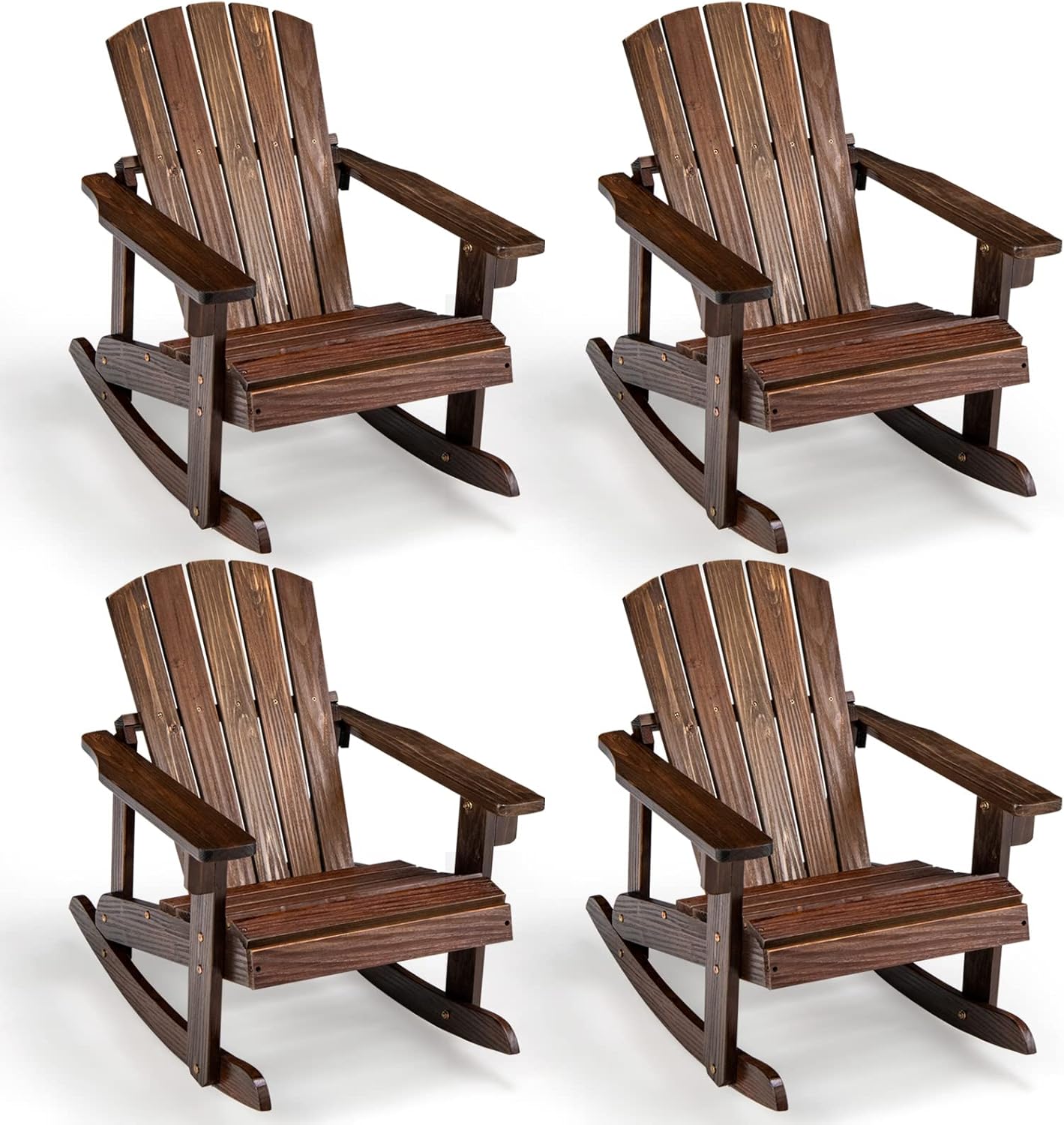 Giantex Wooden Adirondack Rocking Chairs Set of 4 - Kids Outdoor Rocker with Slatted seat, Smooth Rocking Feet, 300LBS Weight Capacity, Porch Rocking Chair for Balcony, Backyard, Poolside (4, Coffee)