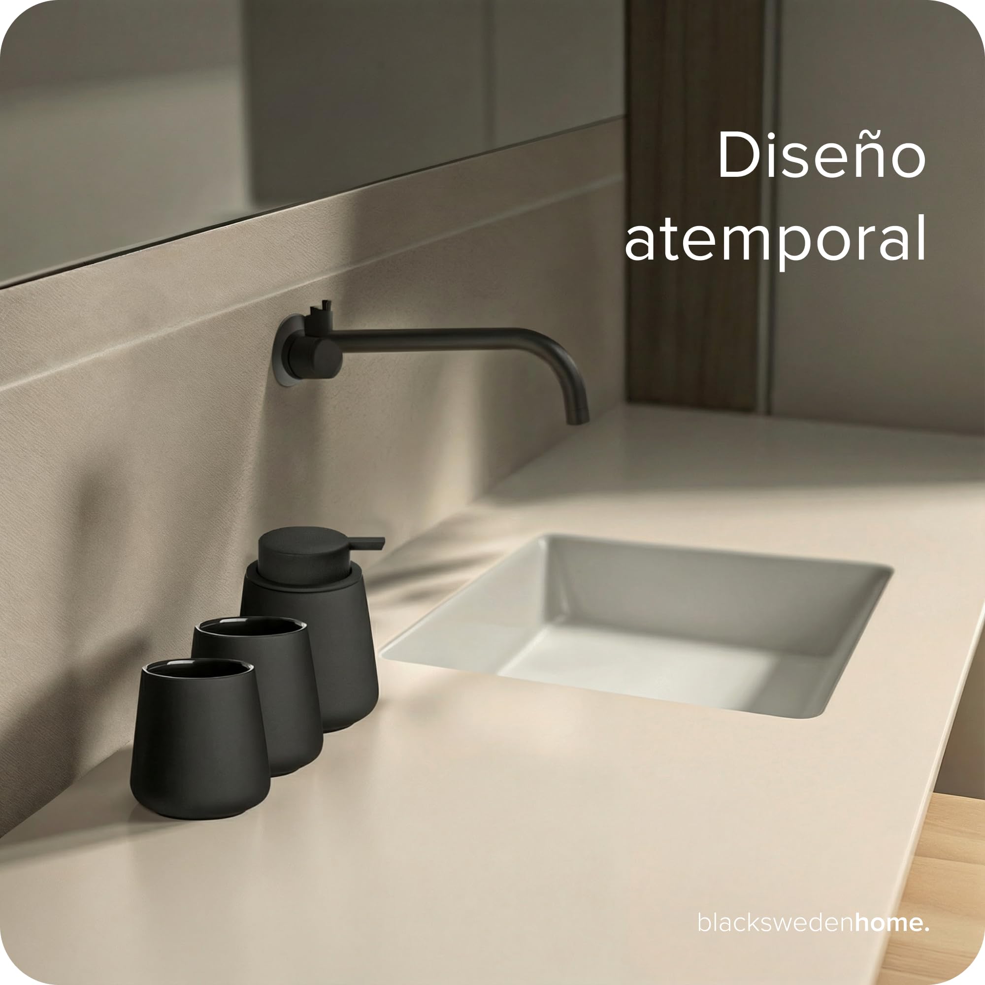 blackswedenhome. Set de Accesorios Baño - Dispensador jabon baño, 2 Vasos, Escobilla de Baño - Cerámica, Revestimiento Negro Mate, Diseño Nórdico - Decoración Baño