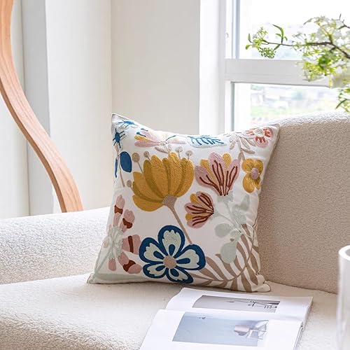 Miniatura 2 de YIcabinet Juego de 2 fundas de almohada con patrón de flores bordadas, cojín cuadrado de algodón, funda de almohada para sofá y dormitorio, 18 x 18