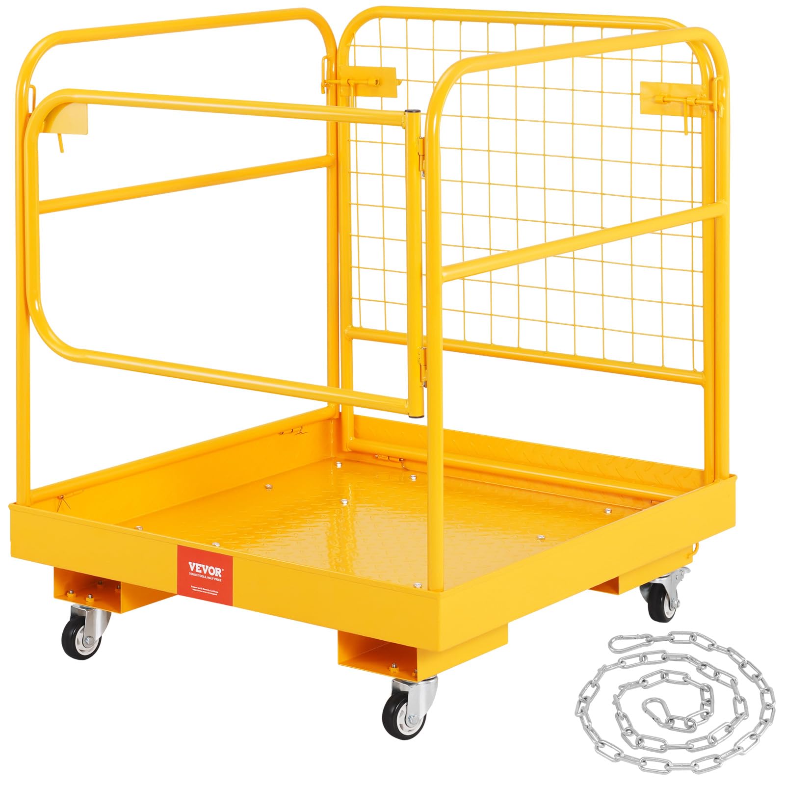 VEVOR Forklift Man Basket, 36 x 36 Inches Forklift Safety Cage Work Platform 1200 lbs Load Capacity, Collapsible Lift Basket with 4 Wheels Device Chain for Aerial Work Lifting Loader