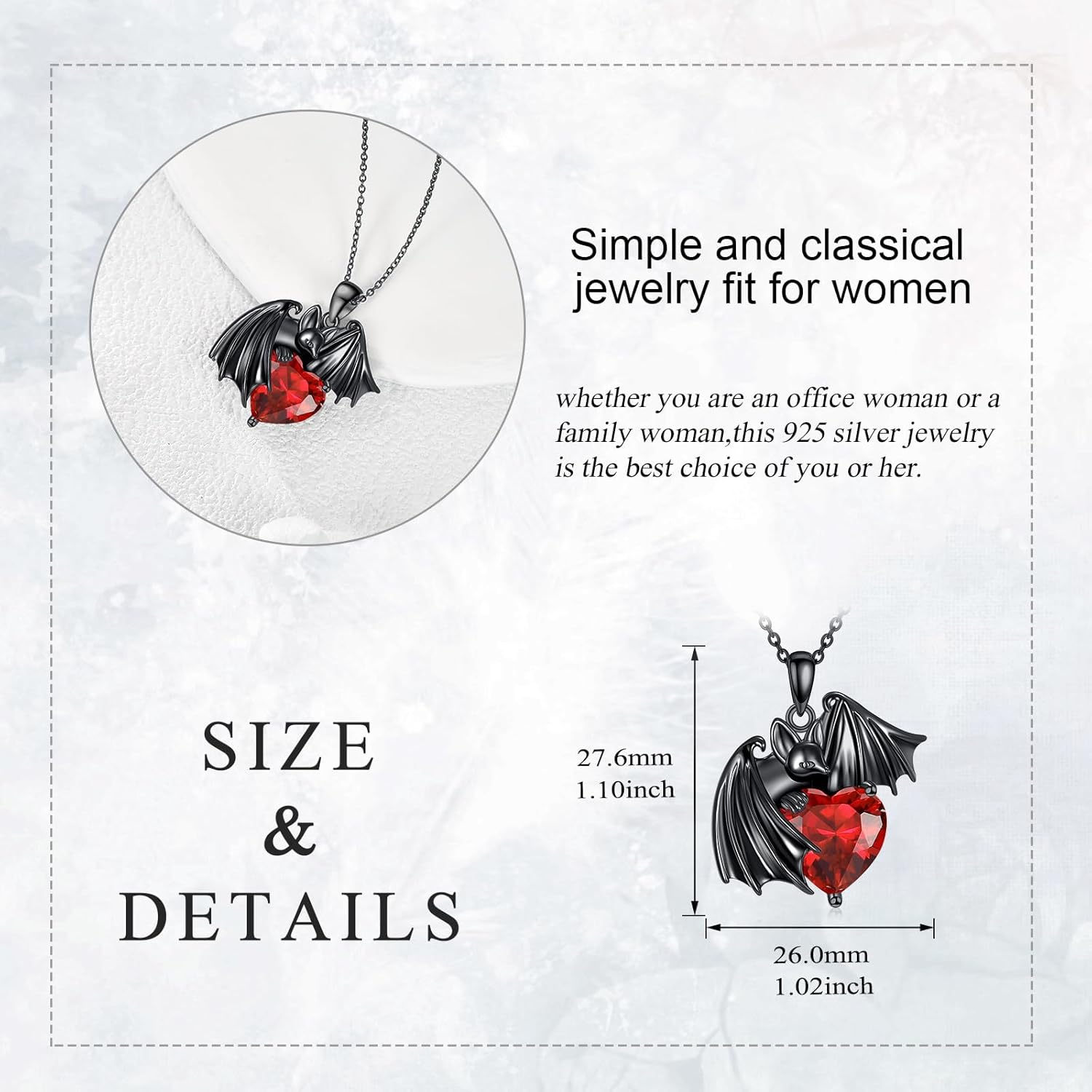 LUHE Bat Necklace for Women Sterling Silver Black Bat Red Heart Pendant Jewelry Gifts for Women - Image 4