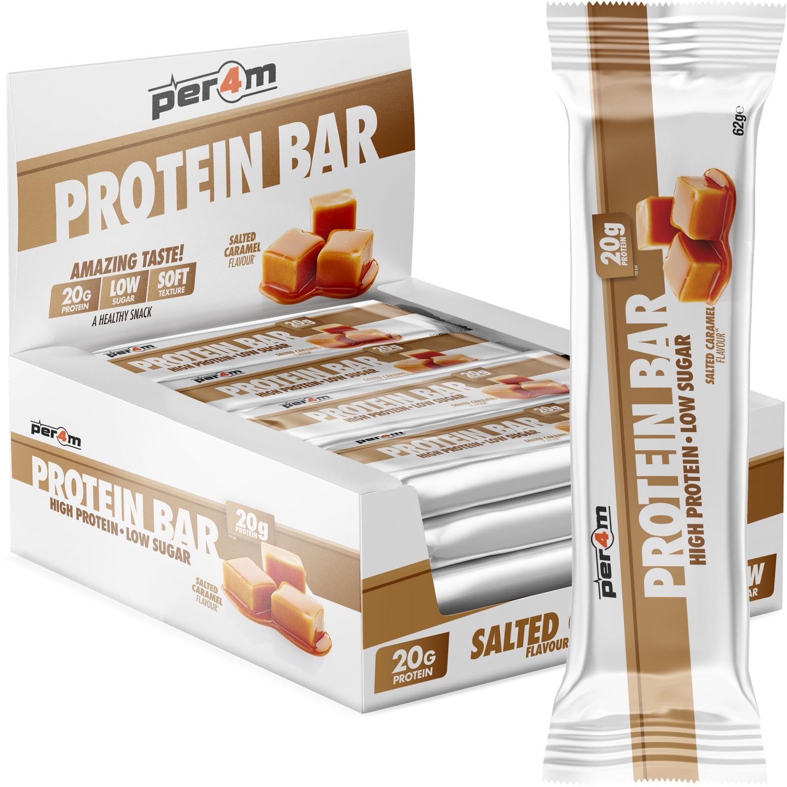 Per4m On-the-Go Protein Bar | High Protein, Low Sugar Bar with 20g Protein | Nutritional & Healthy Gym Snack Bar | Box of 12 x 62g (Box, Salted Caramel)