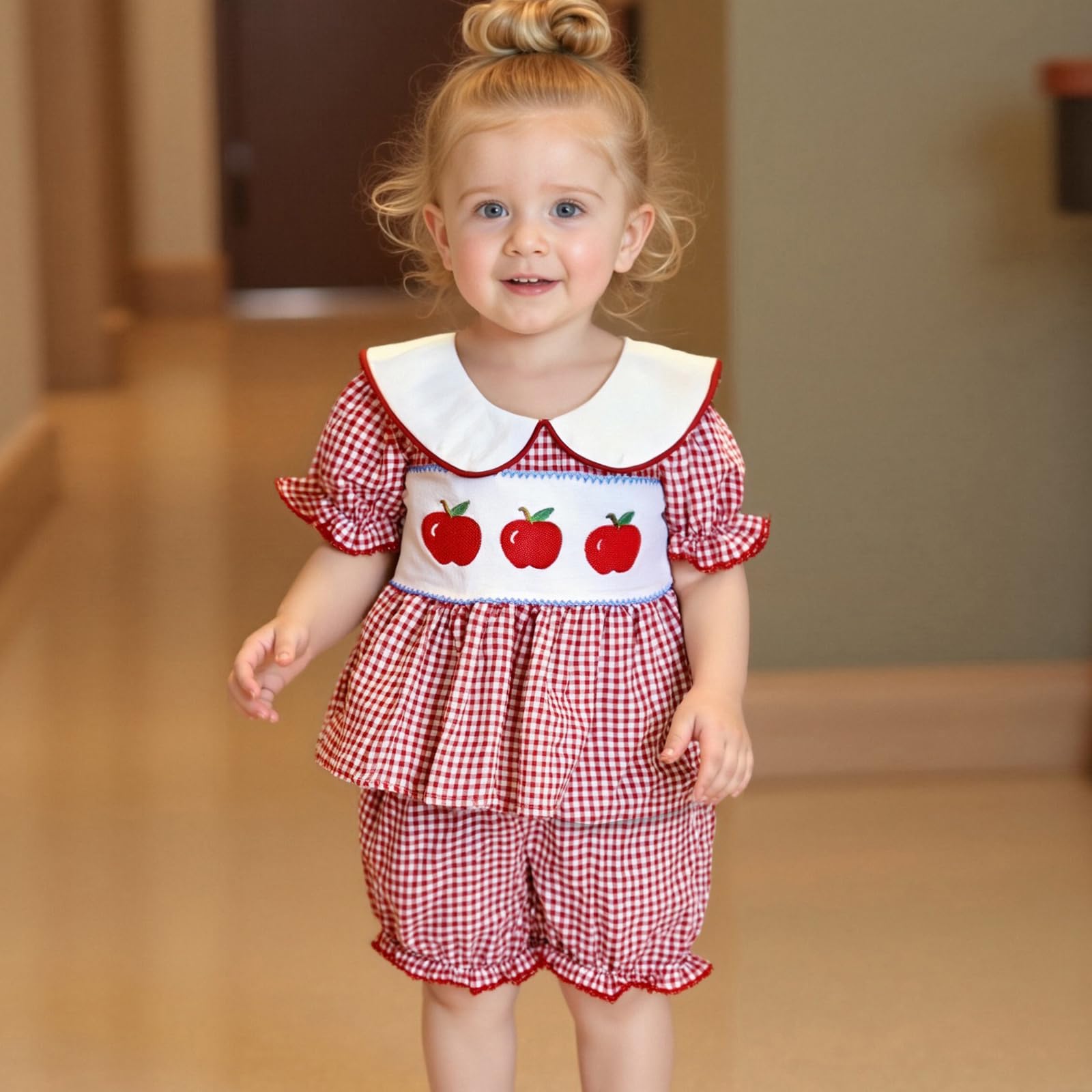 Toddler Girl Back to School Clothes Apple Plaid Doll Collar Puff Sleeve Tops Ruffled Shorts Set Infant Summer Outfit (Red, 2-3T)