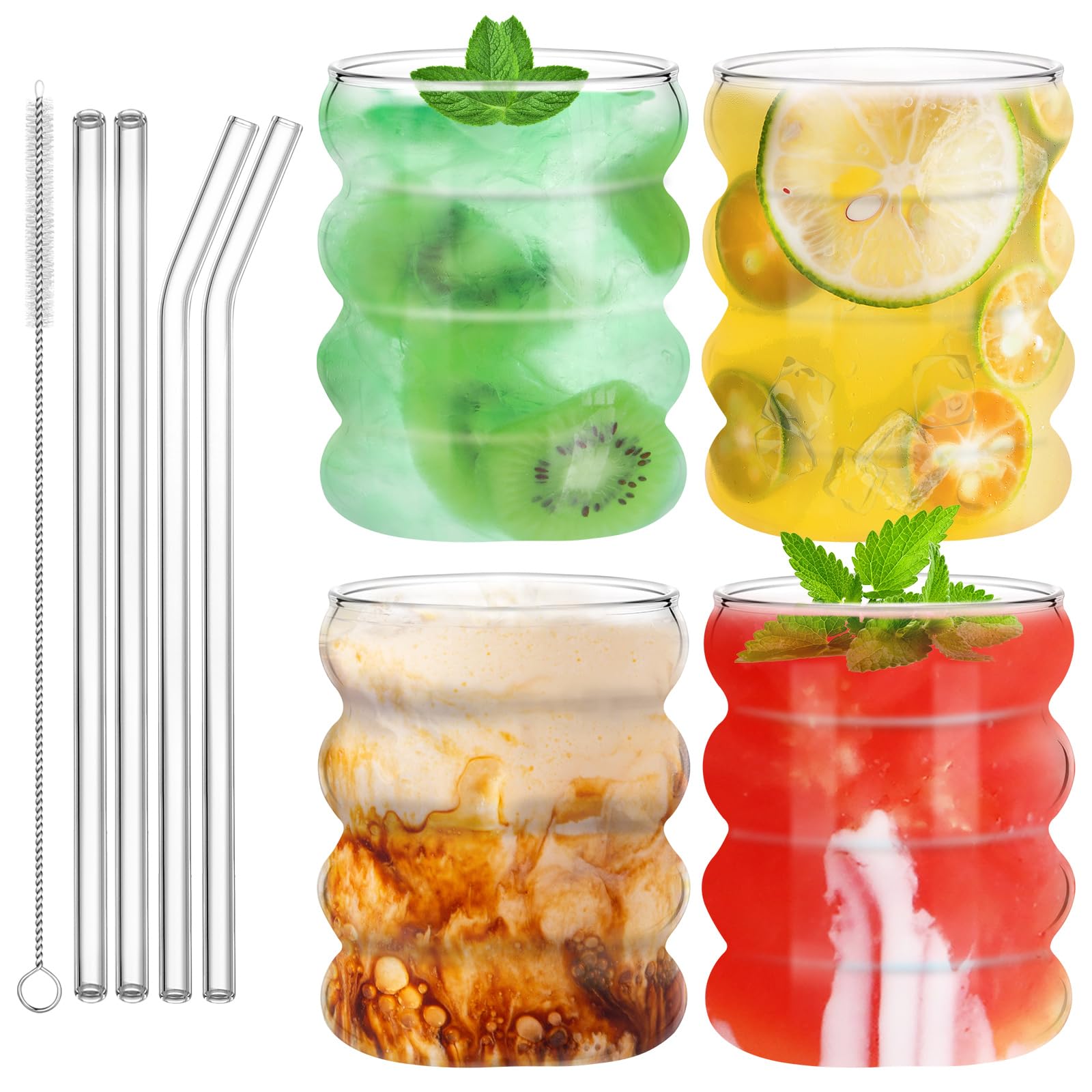 VITEVER Set 4 Bicchieri Onda Da 530 Ml Con Cannucce In Vetro E Spazzola - Ideale Per Bubble Tea E Cocktail - 5