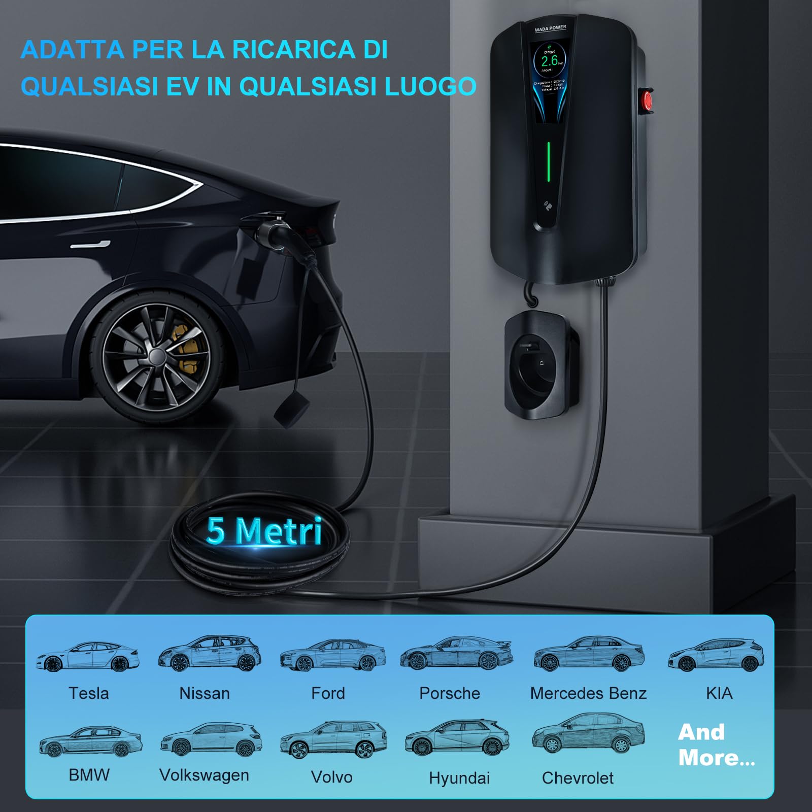 Stazione di Ricarica per Veicoli Elettrici Monofase 7 kW: Caricabatterie EV Tipo 2 per Auto Elettrica Controllo App e Carta RFID, EV Charger con 5 M Cavo, IEC 62196-2