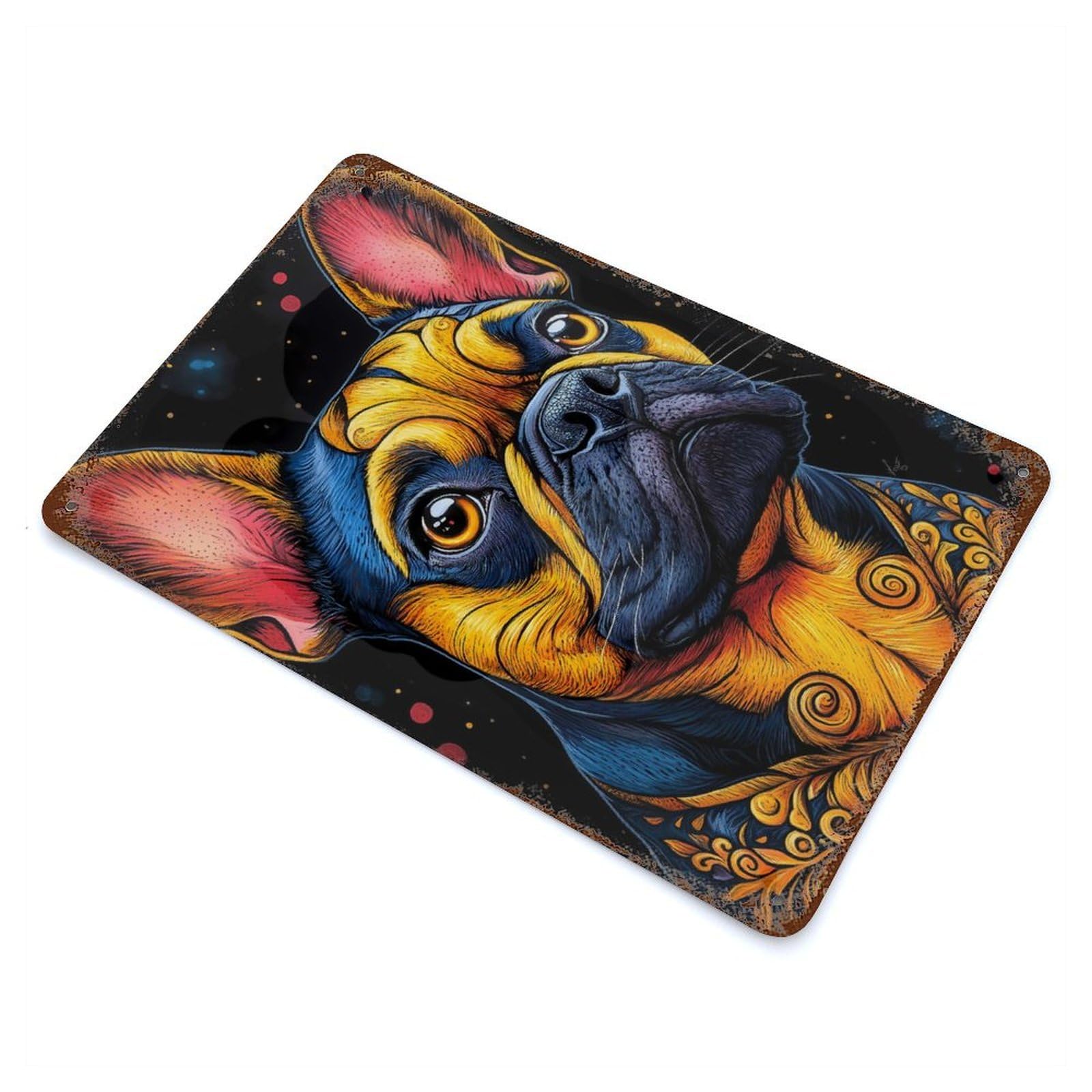 Aged Metal Wall Plaque with Colorful French Bulldog Portrait Design 11.8"x7.9", for Basement, Hobby Room And Garage Decor, Farmhouse Wall Decor