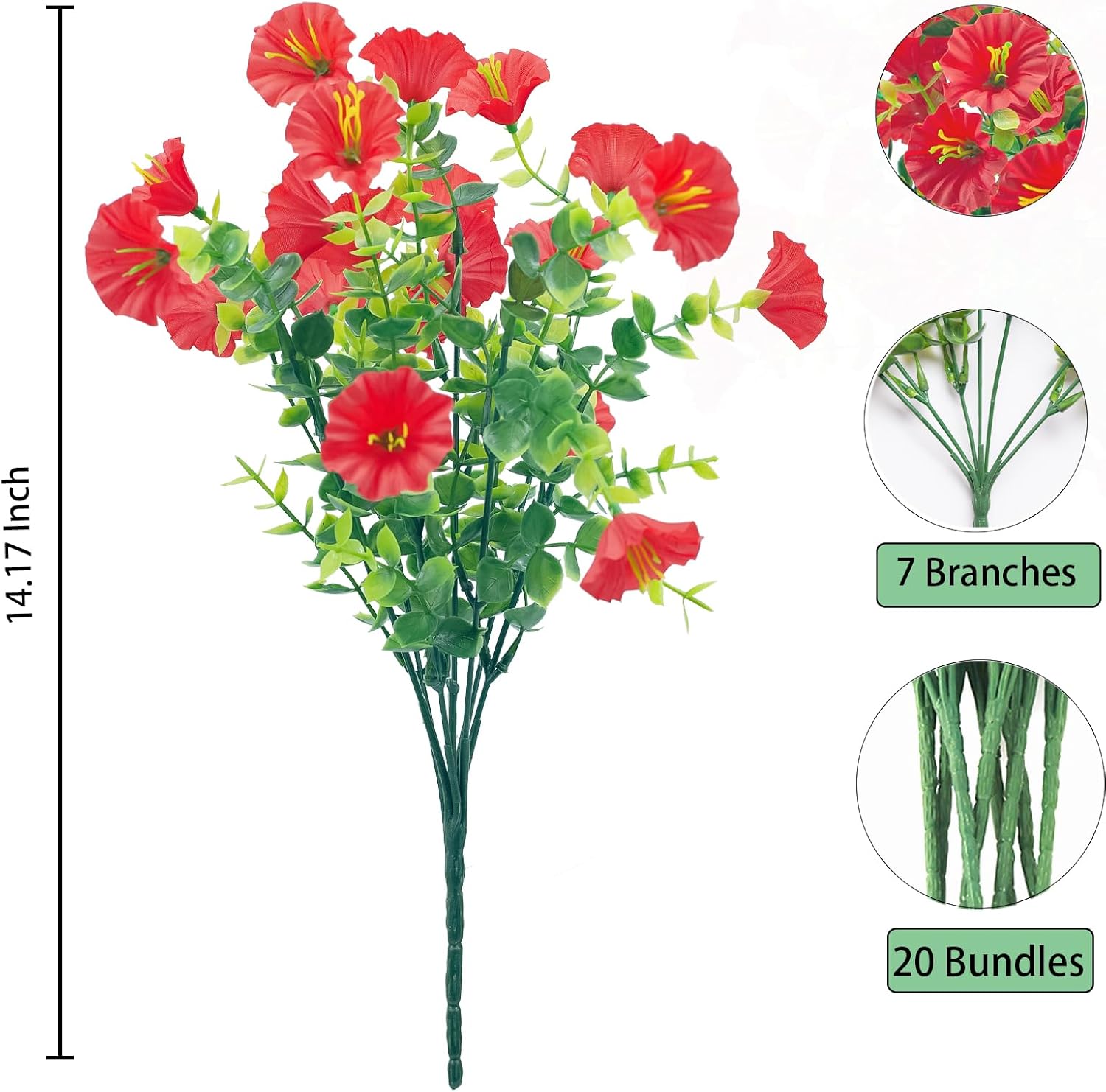 Artificial Flowers for Outdoors,20 Bundles UV Resistant Fake Flowers Outside Faux Plastic Flowers for Outdoor Garden,Porch,Patio Décor(Red)