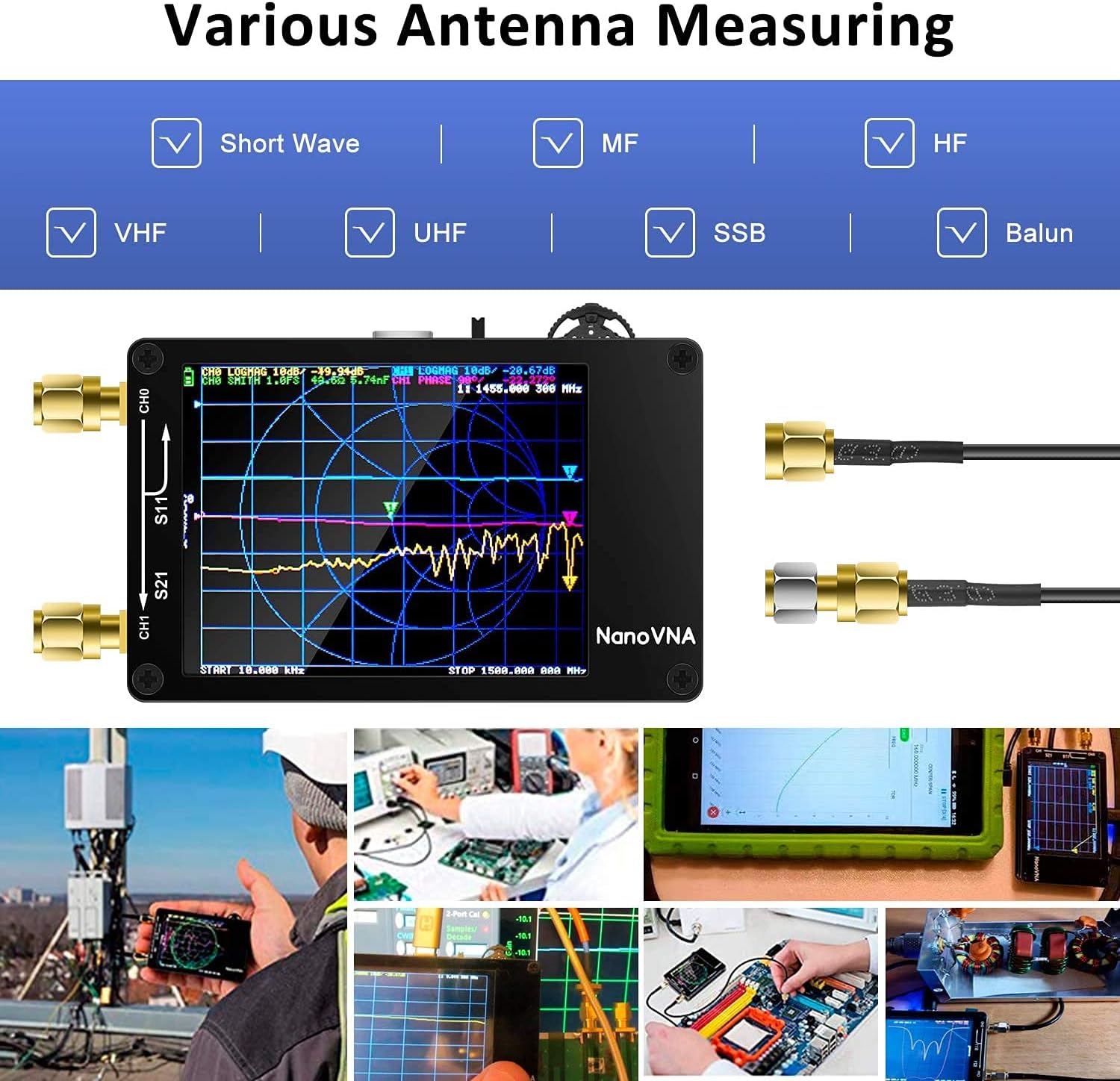 AURSINC NanoVNA Vector Network Analyzer 10KHz -1.5GHz V3.4 with 2.8'' Touchscreen + Nanovna Testboard Kit Network Analysis Test Demo Board