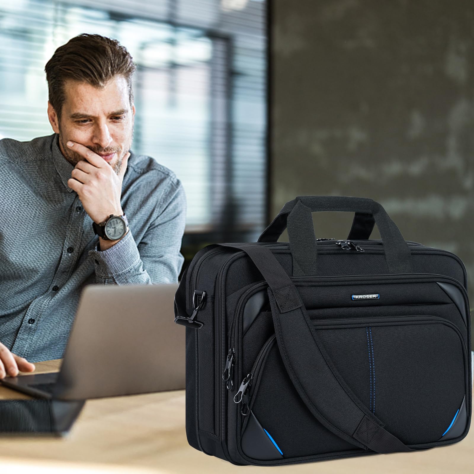 KROSER Laptop Tasche 18 Zoll Business Tasche Laptop für 17,3 Zoll Computer, Laptop Aktentasche, Wasserabweisend Schultertasche mit RFID Taschen für College/Herren/Frauen/Männer/Damen