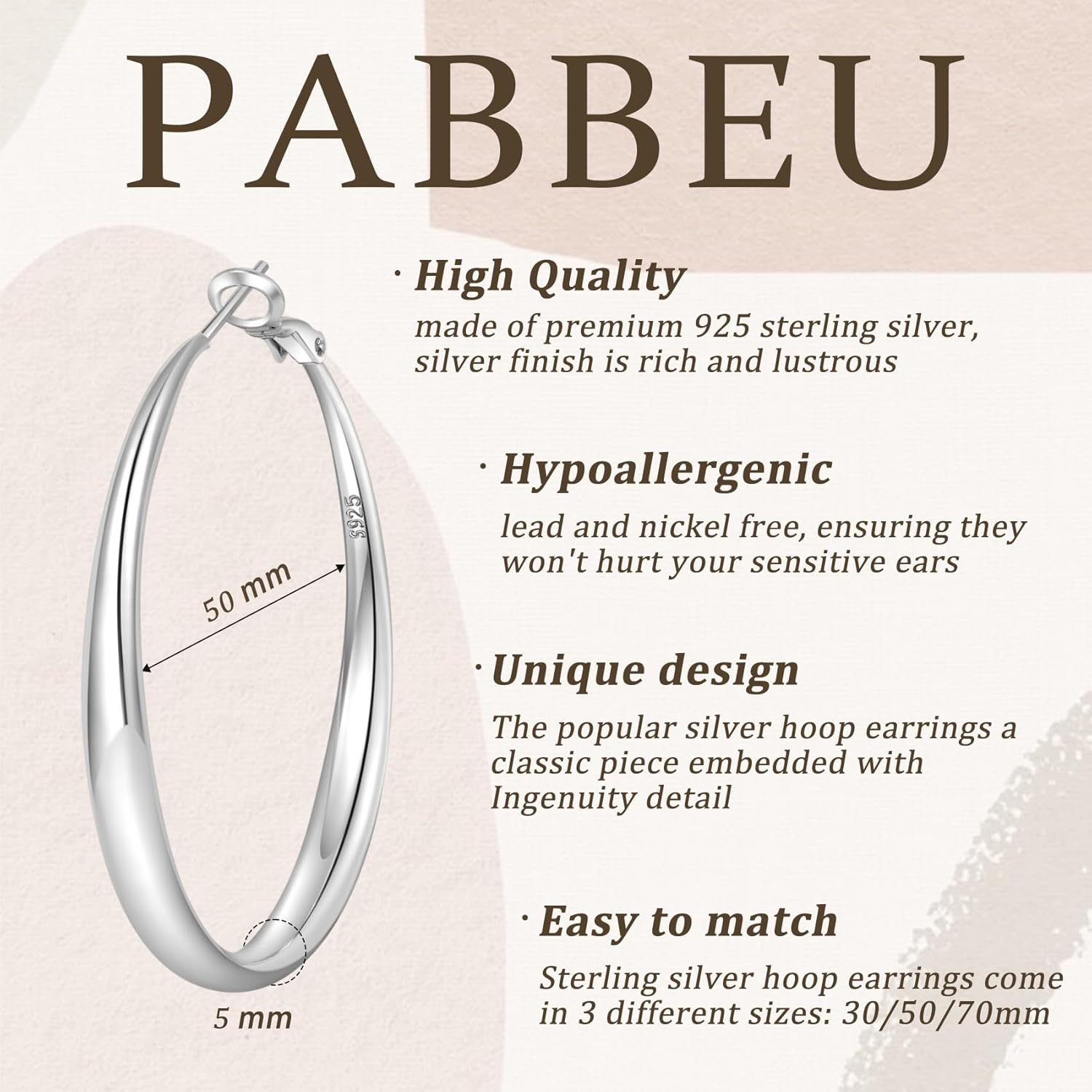 PABBEU S925 SterlingSilver Hoop Earrings Hypoallergenic Silver Hoop Earrings for Women Lightweight Large Sterling Silver Hoops Earring 30/50/70mm - Image 2