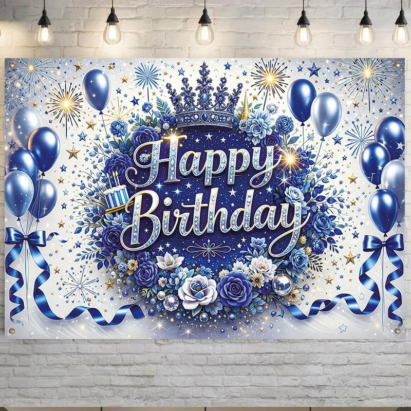Happy Birthday Banner Blue Silver Theme 71 x 43 Inch Elegant Birthday Party Decoration Backdrop Wall Hanging Polyester Banner Indoor Covered Outdoor Display