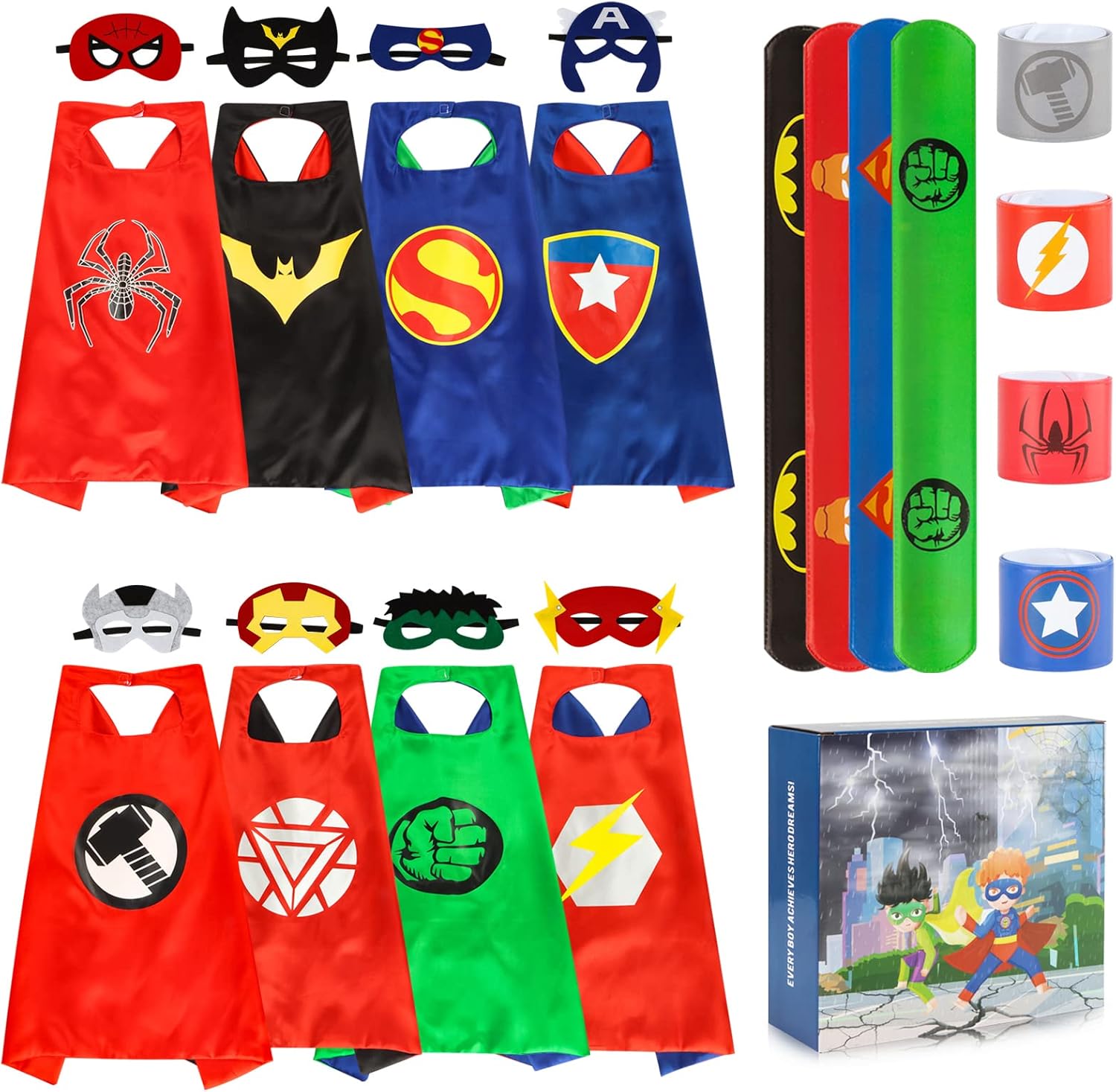 kuaima Capas de superhéroe para niños niñas disfraz de Halloween cosplay fiesta capa de doble cara Navidad juego de rol vestido para niños 4 piezas