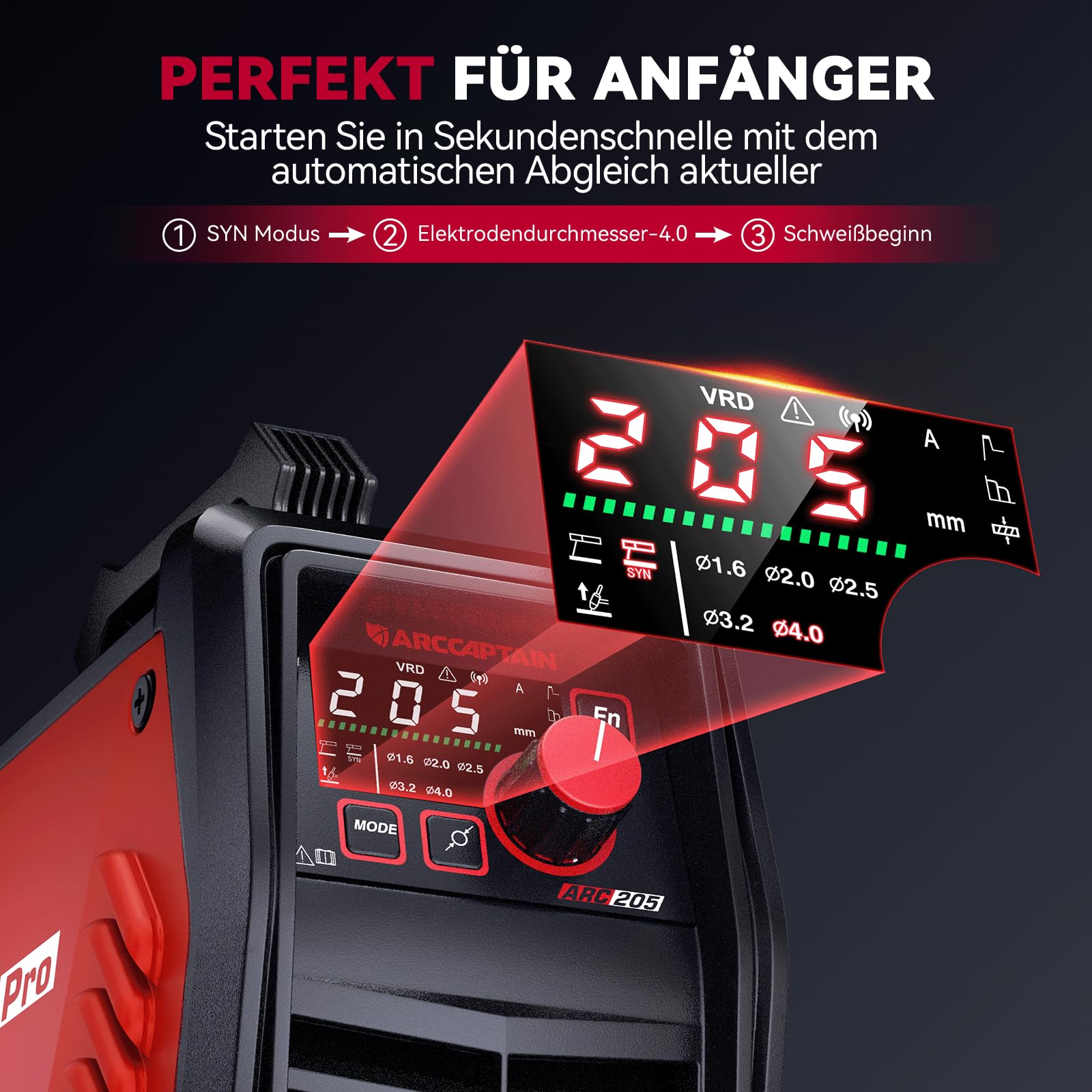 ARCCAPTAIN iControl ARC205 Pro Schweißgerät [App-Steuerung] 205 Amp ARC/Lift TIG Schweißgerät, LED-Anzeige, IGBT Inverter 230V MMA Schweißgerät mit Warmstart, Lichtbogenkraft und Anti-Stick