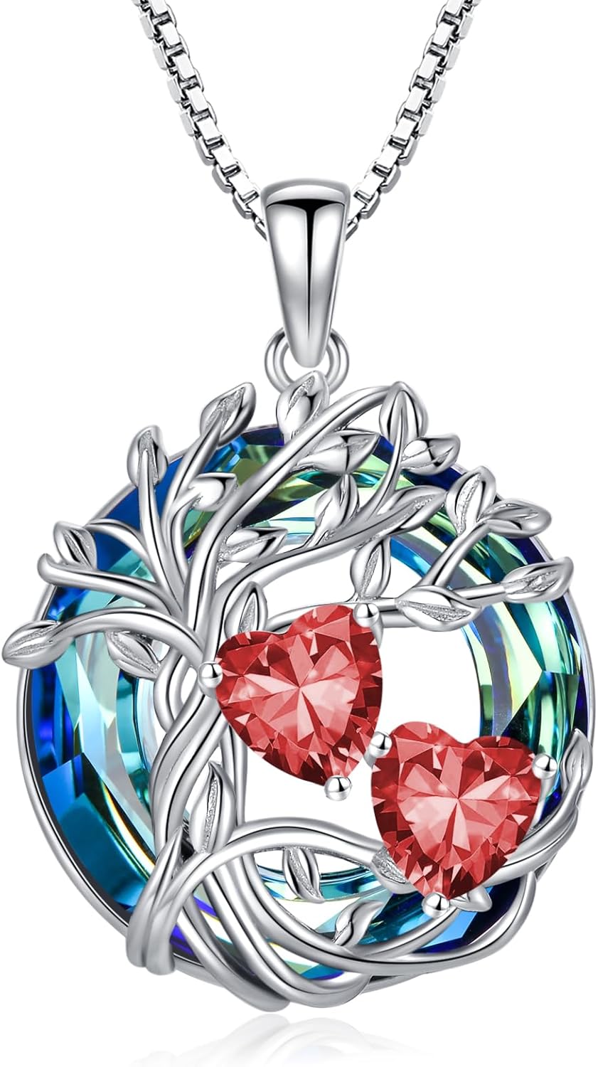 TOUPOP s925 Sterling Silver Family Celtic Tree of Life Pendant Necklaces with 2 Heart Birthstone with Blue Austrian Crystal Jewelry Birthday Valentines Day Gifts for Her, Anniversary Christmas Gifts for Wife Girlfriend Mom (18K Real White Gold Filled)