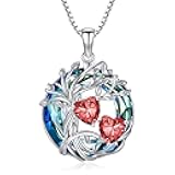 s925 Sterling Silver Family Celtic Tree of Life Pendant Necklaces with 2 Heart Birthstone with Blue Austrian Crystal Jewelry Birthday Anniversary Christmas Gifts for Her Wife Girlfriend Mom (18K Real White Gold Filled)