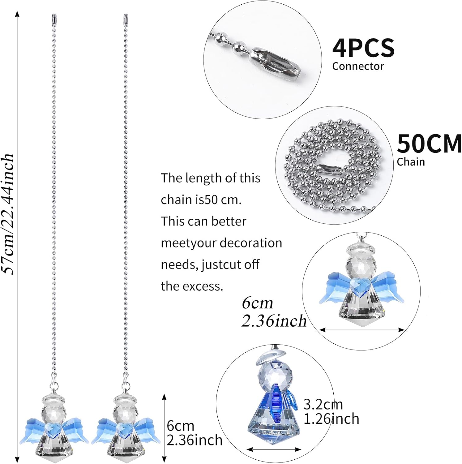 2 Pack Ceiling Fan Pull Chain, 23 inch Ceiling Pulls Extension Chains with 4 Connectors,Blue Crystal Angel Ornament Pull Chains