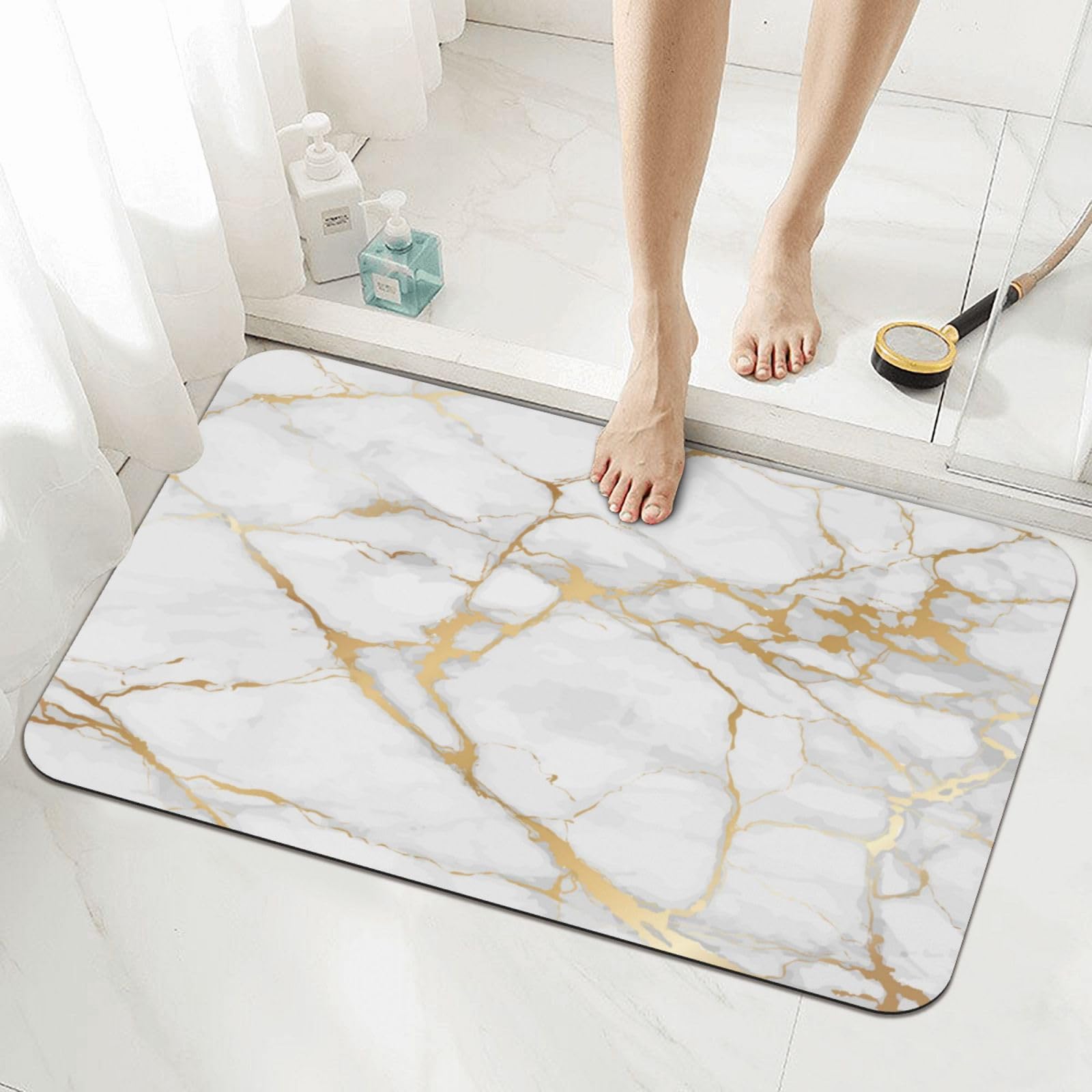 Jbofyee White Marble Texture Bath Mat Rugs 15.7x23.6 in, Marbling Diatomaceous Earth Bathroom Rug Fit Under Door Rubber Non-Slip Absorbent Bathroom