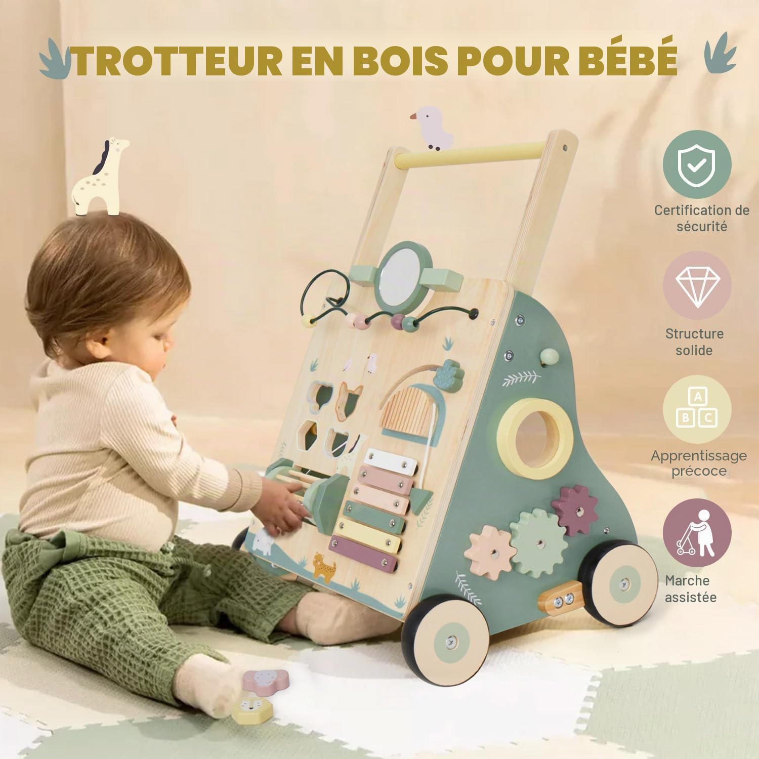Labebe Trotteur 8 en 1 - Chariot de Marche en Bois avec Roues Caoutchoutées et Centre d'Activité pour Bébé
