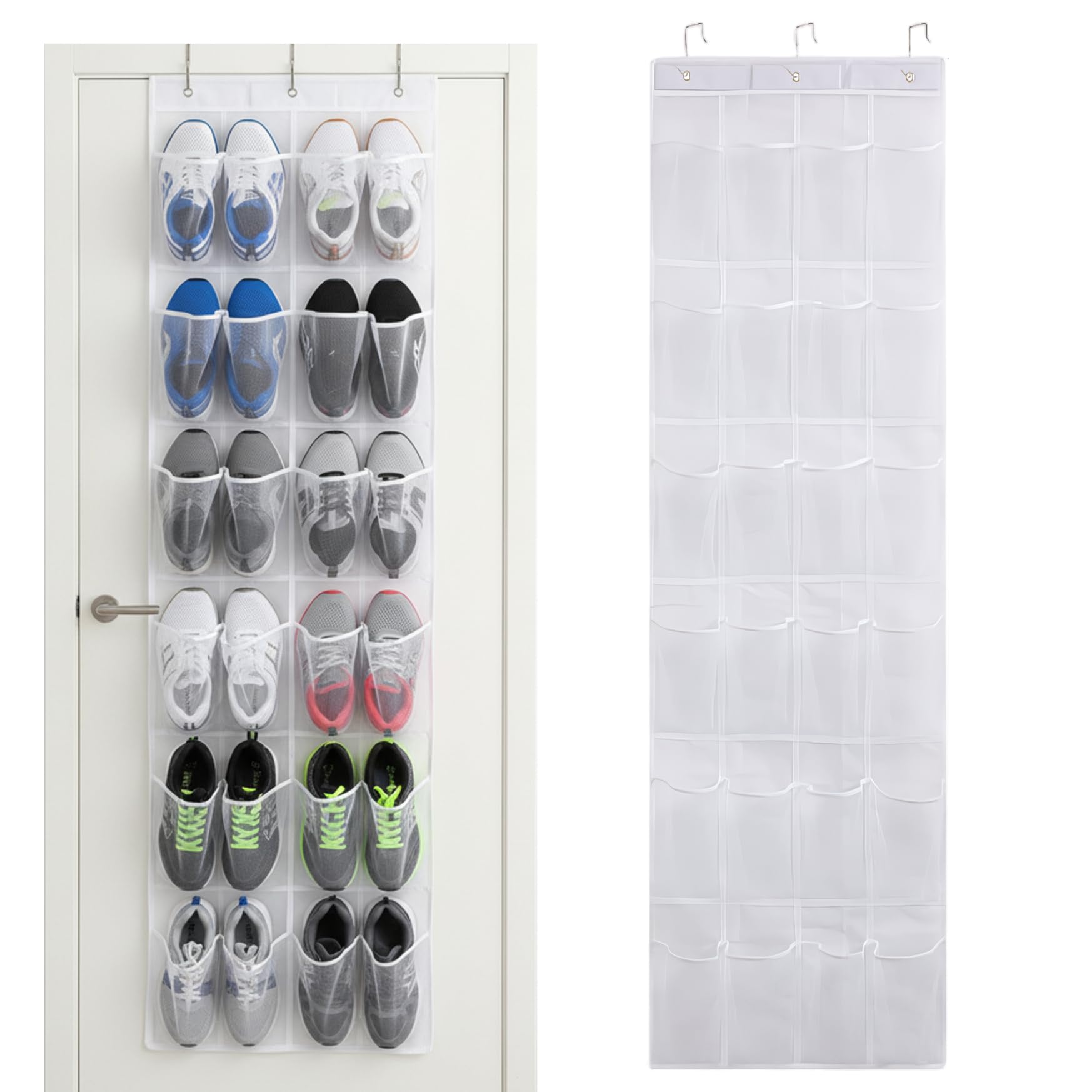 Otbushit White Shoe Hanger for Door 24 Mesh Pocket over the Door Shoe Organizer Space Saving Hanging Storage Holder with Hooks 64x19 Inch