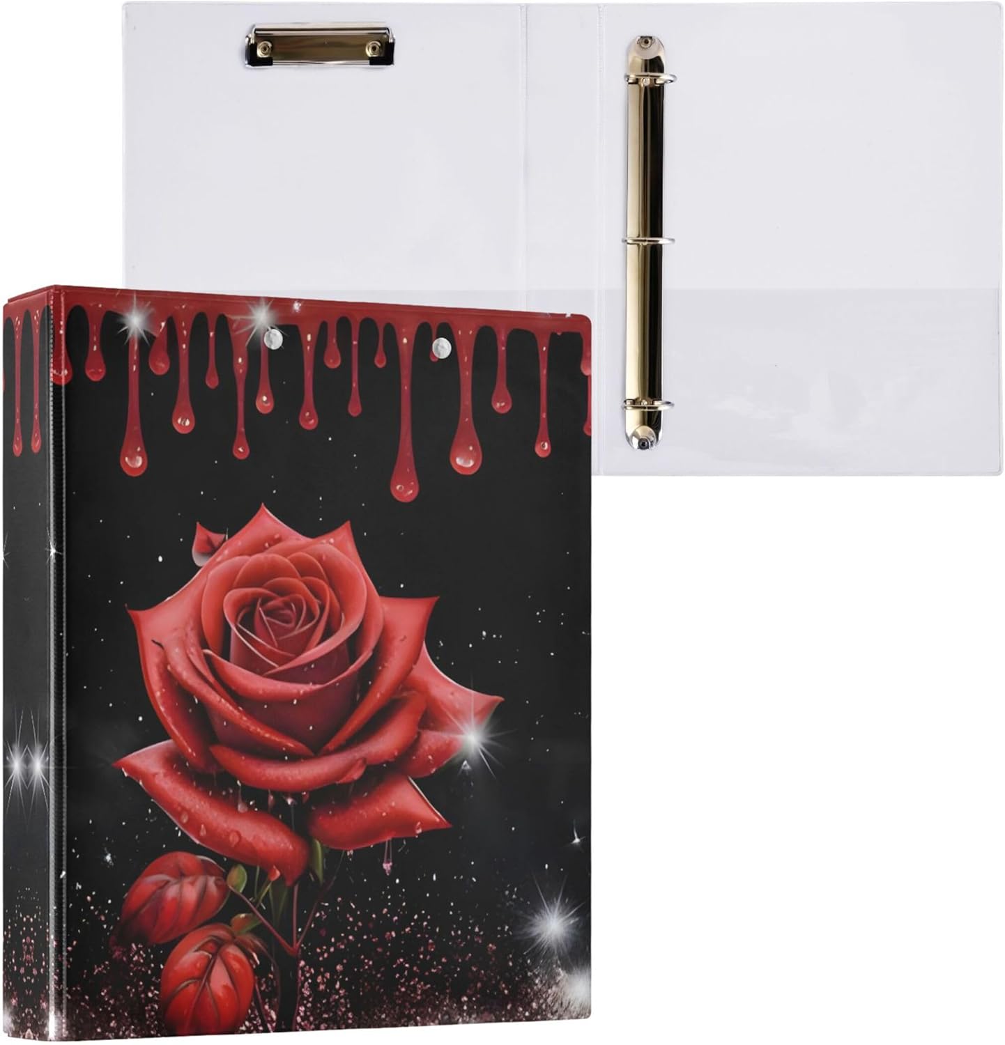 Valentine's Day Roses 3 Ring Binders, 1.5” Round Ring Binders with Clipboard - Letter Size, 3 Interior PVC Clear Pockets & Anti-Slip Clip for Office School Supplies, 2PCS