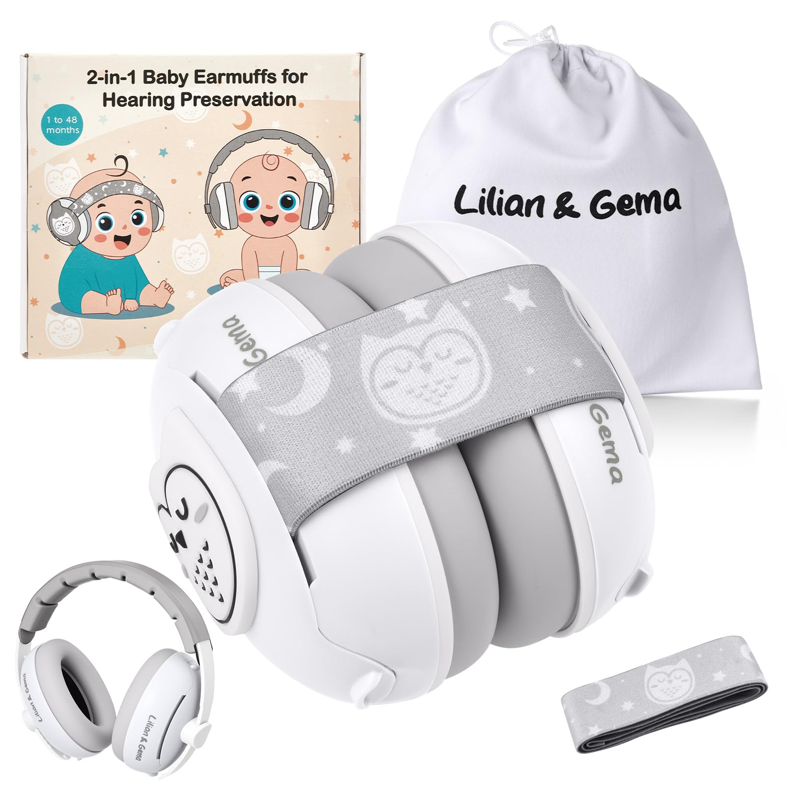 Lilian&Gema 2 in 1 Cuffie Neonato Antirumore -25dB,Protettori acustici per neonati, archetto regolabile, antiscivolo e antistress, protezione acustica ideale per neonati fino a 48 mesi