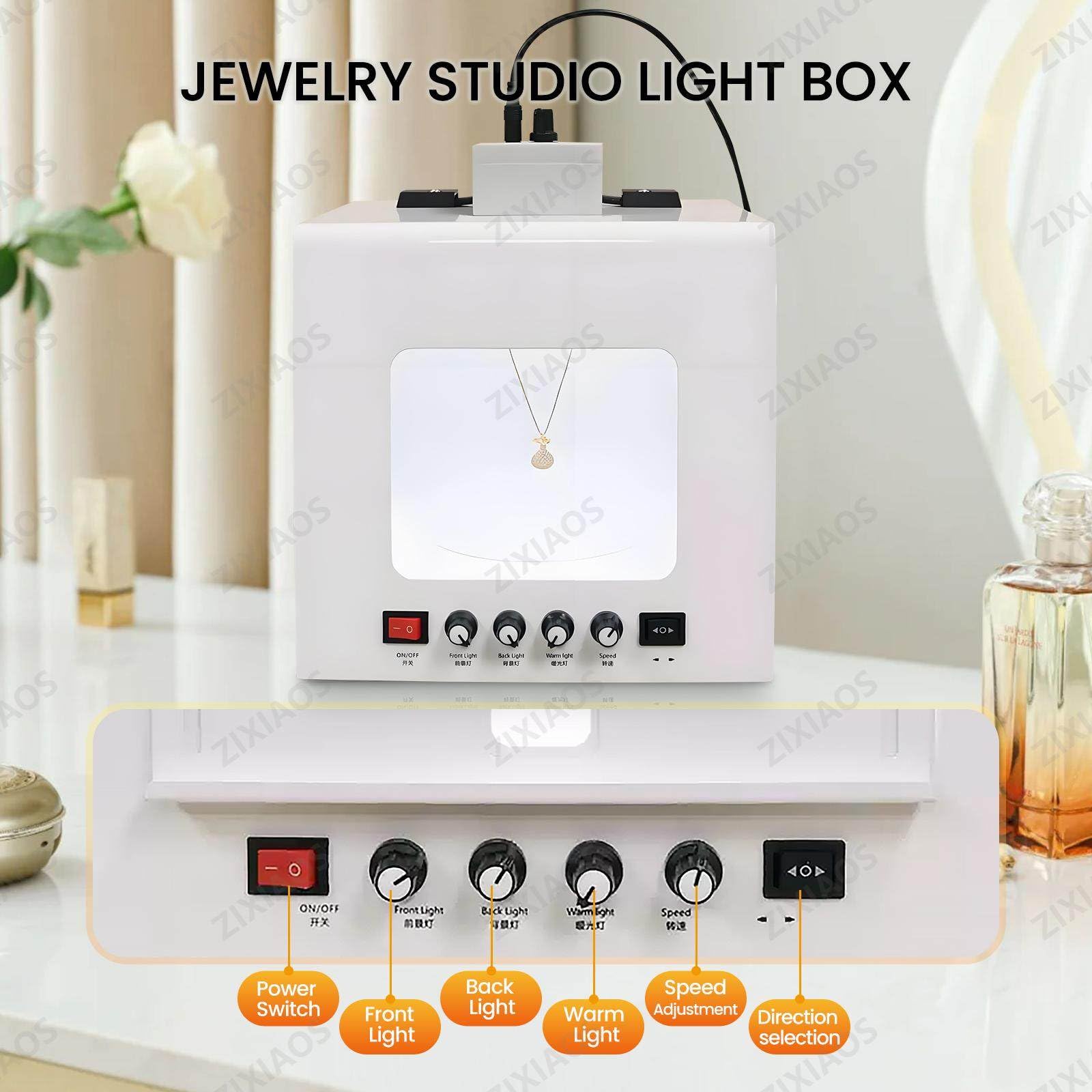 Scatola Luminosa per Foto Di Gioielli Con Giradischi Automatico E Supporto per Appendere, Tenda Softbox Dimmerabile per Riprese Di Gioielli, Supporto per Appendere O Posizionare Gioielli 20cm