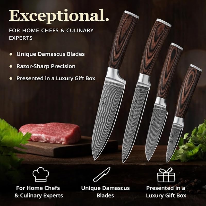 Wakoli EDIB 4-Piece Damascus Knife Set – Professional Chef Knives Set with VG10 Core Blades, 67-Layer Damascus Steel and Ergonomic Pakkawood Handles – Premium Kitchen Knives in Elegant Gift Box 4pcs-Damascus Kitchen Knife Set
