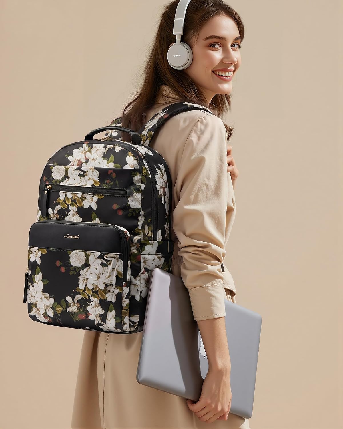 LOVEVOOK Laptop Backpack for Women with Leather Trim & Tumbler Pockets, 15.6" Work Backpack Purse, Travel Personal Item Bag, Carry On Business Computer Bag for Office, or Gift, Pro Floral image 2