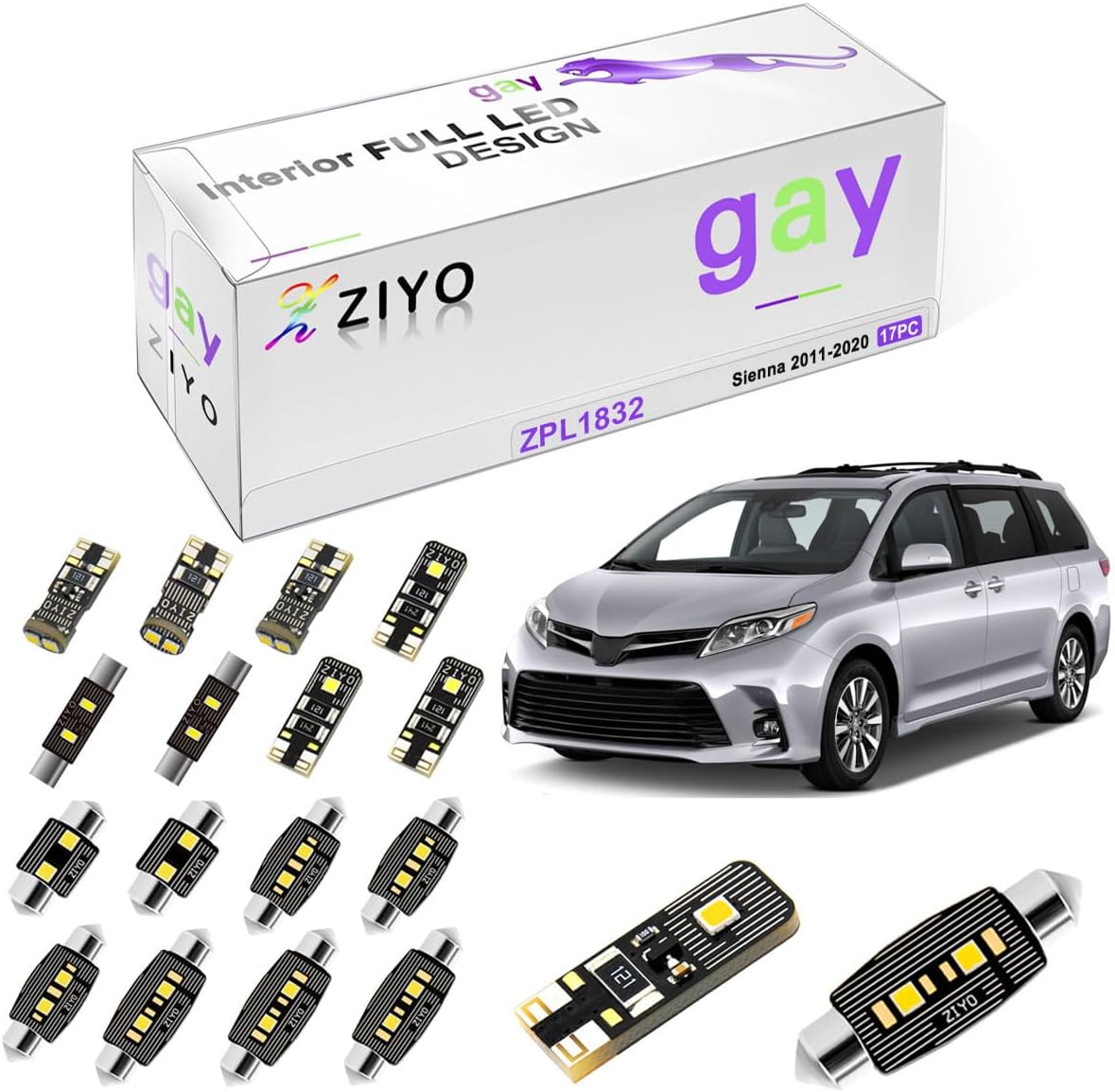 ZIYO ZPL1832 - (17 Bulbs) LED Interior Light kit + License Plate Light Bulbs Package Replacement for Toyota Sienna 2011-2020, 6000K White Dome Light Bulbs Upgrade