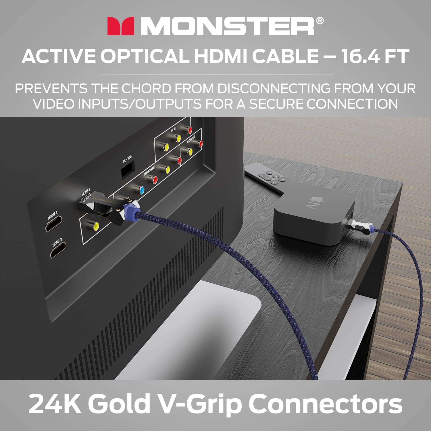 Monster M-Series Active Optical Cable Lightwave Certified Premium HDMI 2.1-48 Gbps Cable with Aluminum Extrusion Connector, V-Grip, Duraflex Protective Jacket - Supports 8K @ 60HZ, 4K @ 120HZ, 16.4 FT