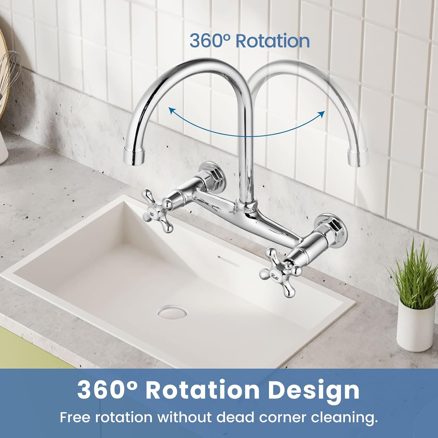 Airuida Wall Mount Kitchen Sink Faucet, Wall Mounted 8 Inches Center Faucet, Wall Mounted Commercial Kitchen Faucet, 360 Degree Swivel Spout Mixer Commercial Tap with Female Thread-Chrome Polish