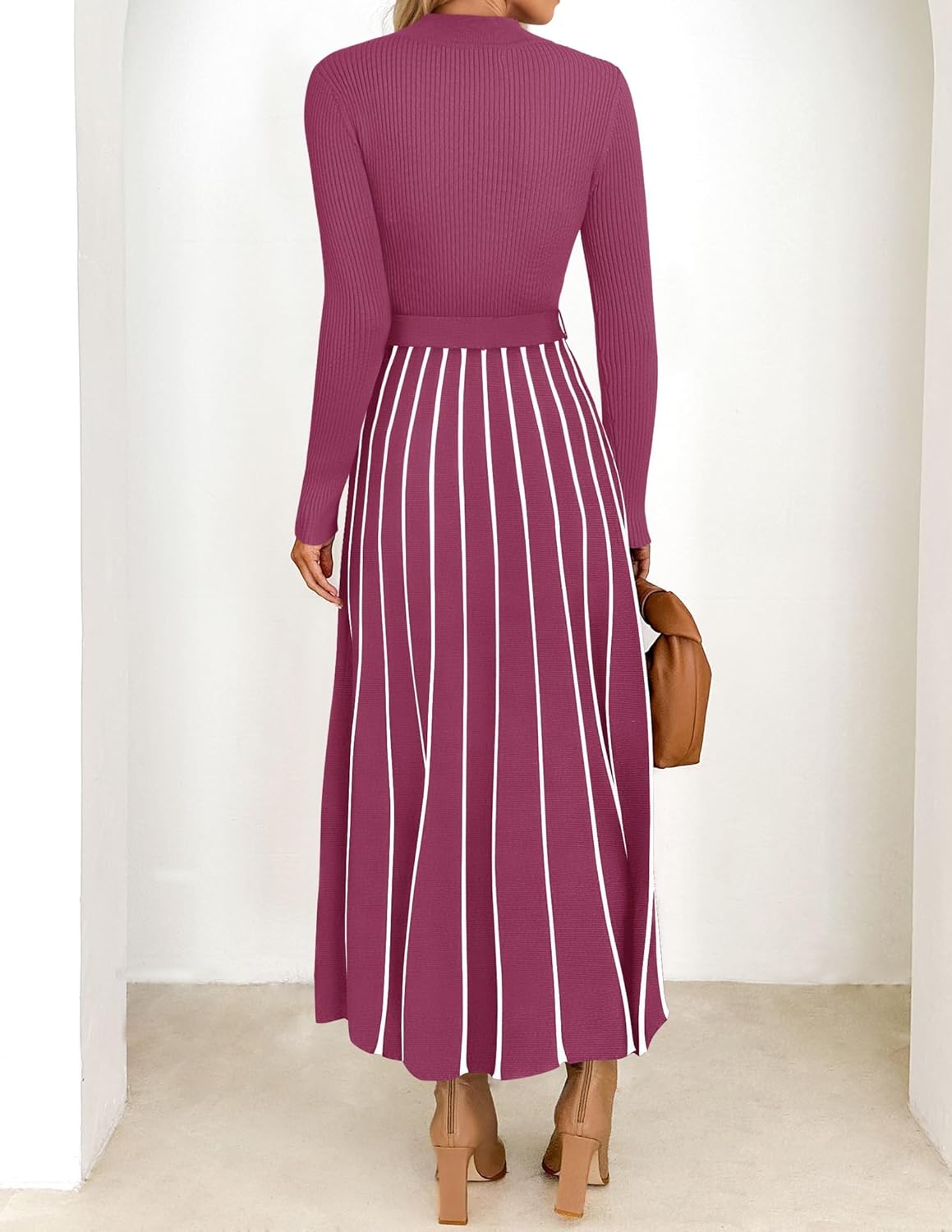 ZESICA Womens 2026 Spring Turtleneck Long Sleeve Sweater Dress Tie Waist Casual Loose Ribbed Knit A Line Midi Dresses - Image 4