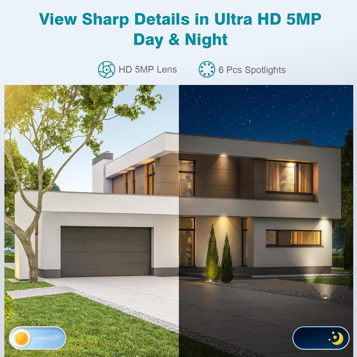 Cromorc 5MP PTZ WiFi Outdoor Security Camera showing a side-by-side comparison of day vision and color night vision footage of a house.