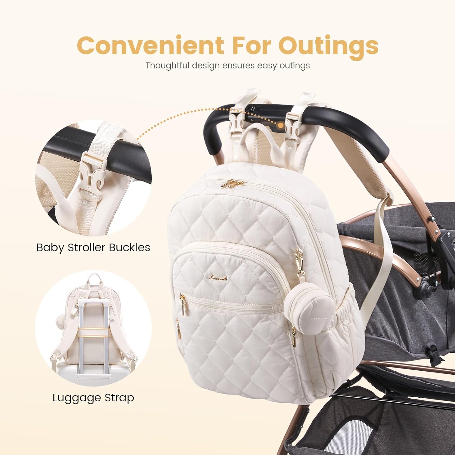 LOVEVOOK Diaper Bag Backpack,Puffer Quilted Baby Diaper Bag with Insulated Pockets,Travel Diaper Backpack for Boys Girls with Changing Pad,Water-Resistant Baby Bag for Mom Dad,Beige