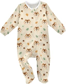 Emelivor Autumn Squirrel Beige Baby Newborn One-Piece Pajamas Footie Long Sleeve Romper Pjs for Boy Girls Kids