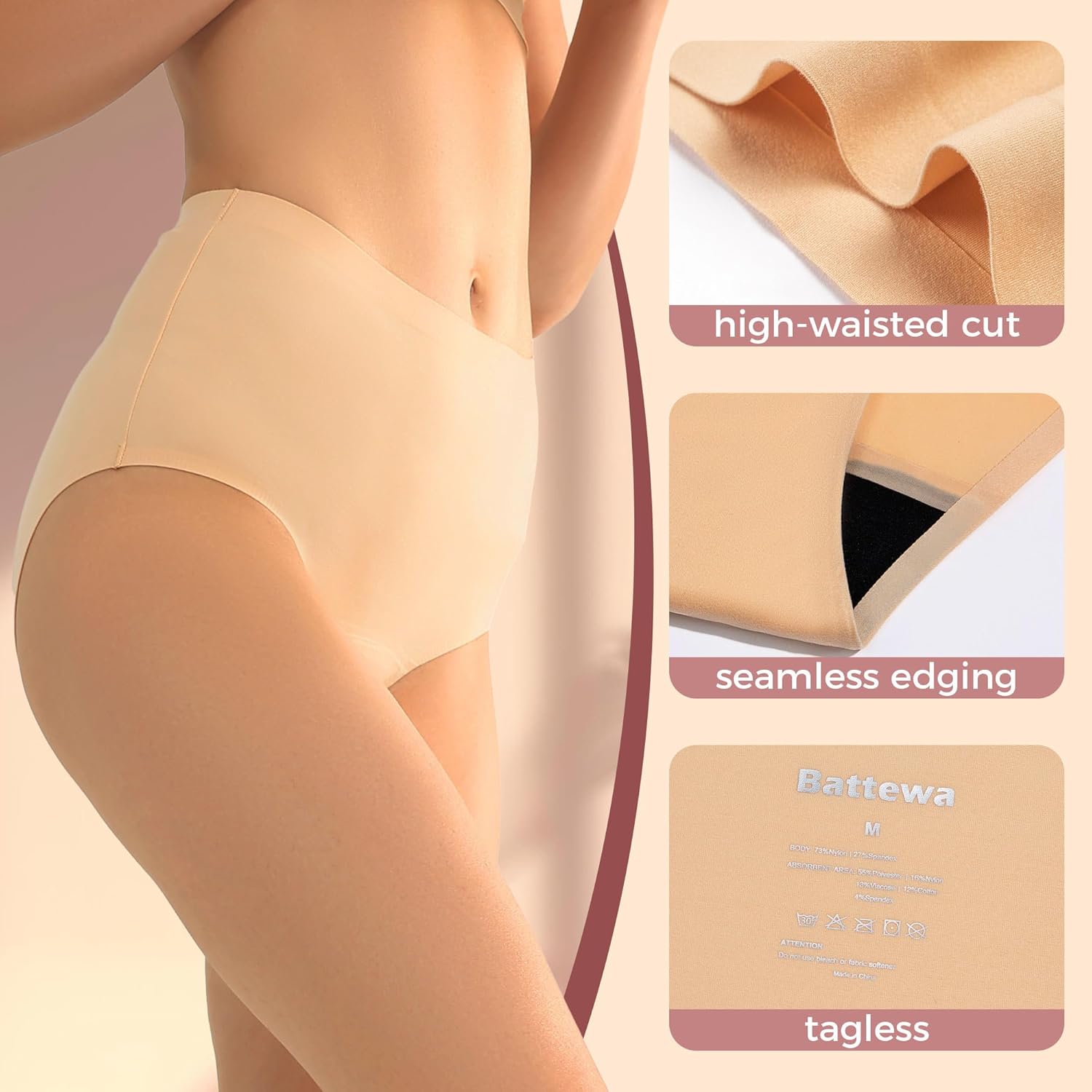 BATTEWA Incontinence Underwear for Women Washable, Leak Proof Underwear High Absorbency, Bladder Leak Underwear Protective Briefs, Seamless Panties 50ml, 3 Pack (Beige, Medium) - Image 3