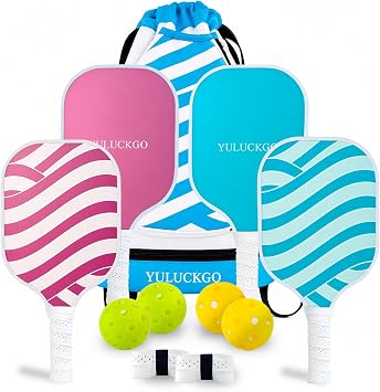 Pickleball Paddles Set of 4,Fiberglass Lightweight Honeycomb Core Control Paddles,4 Outdoor/Indoor Balls|Pair of Grip Tapes|1 Portable Carry Bag Set Gift for Men Women Beginners
