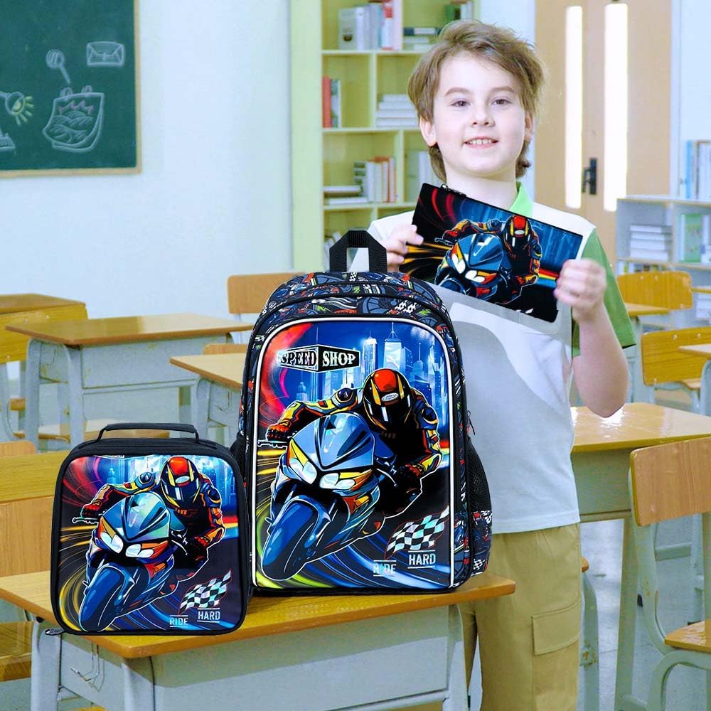 HPJGD 3PCS Boys Motocycle Backpack, Water Resistant Kids Bookbag Set with Lunch Box, Cute School Bag for Preschool Toddler