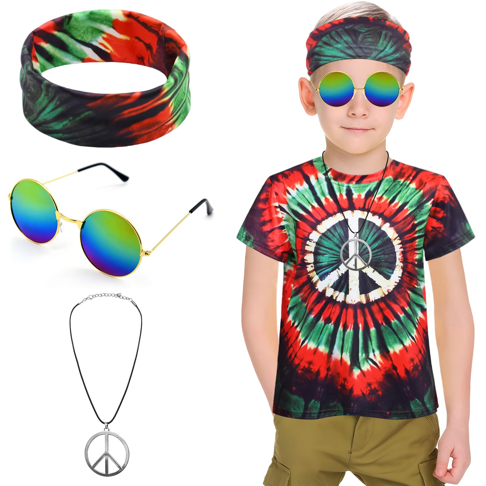 XonyiCos Boys Hippie Costume 60S 70s Colorful Tie Dye T-Shirt 4Pcs Accessories Set for kids Halloween Party Cosplay