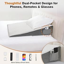 Vekkia 34 Extra-Long Wedge Pillow, Back & Arm Support, Bed Wedge Pillow for Sleeping After Surgery, Acid Reflux, Snoring Relief, Removable Washable Cover & Double Side Pockets, 7.5 Height, White