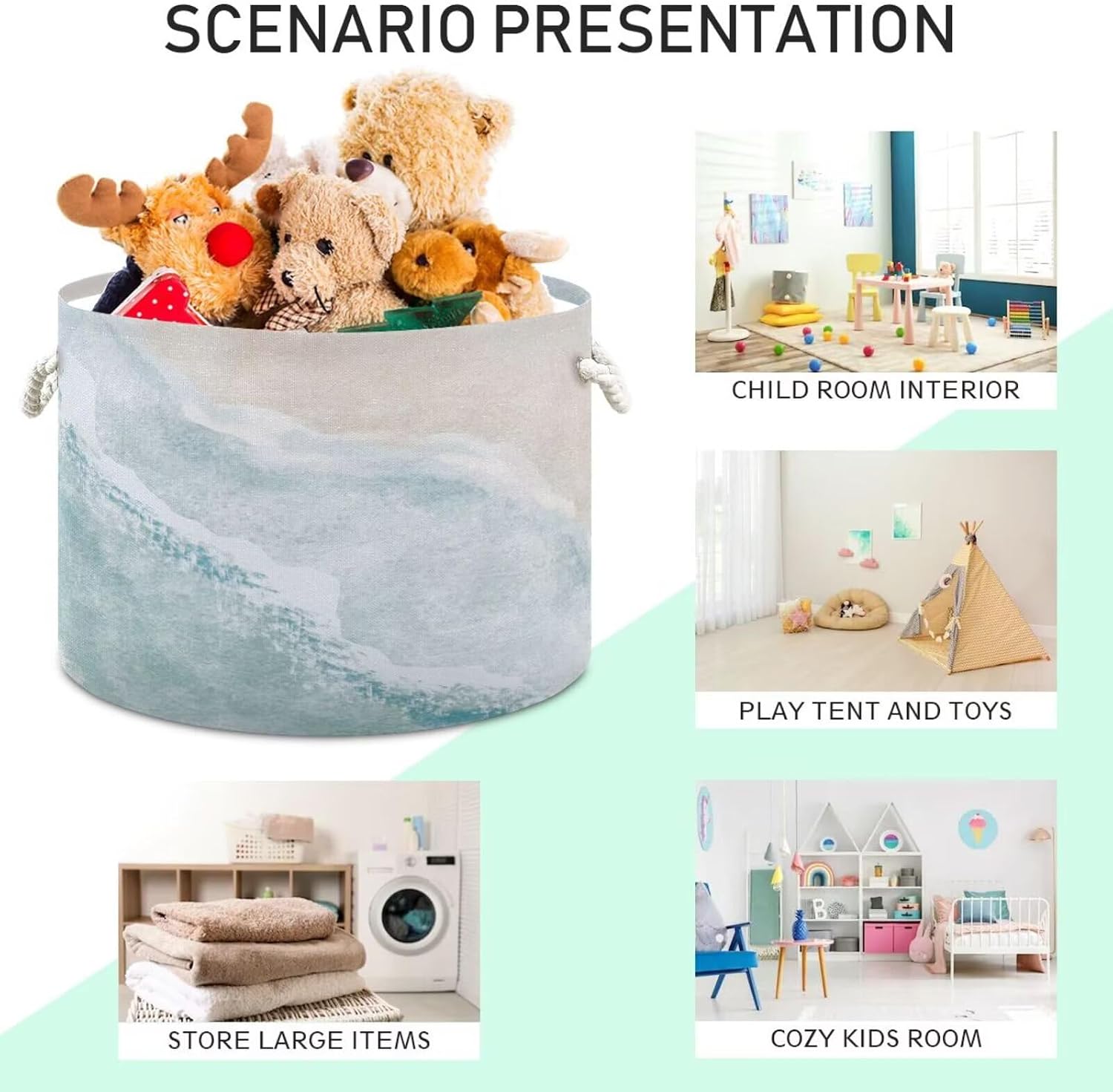 Beach Wave Print Round Storage Basket Blue Sea Ocean Watercolor Wave Large Laundry Hamper 20 x 20 x 14 Inches Organizer Bin with Handles Clothes Storage Bag for Nursery Bedroom Living Room Decor